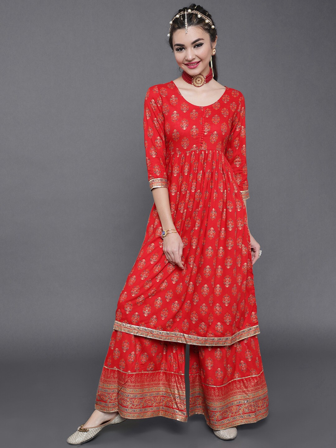 

saubhagya Women Red Ethnic Motifs Printed Kurta with Palazzos