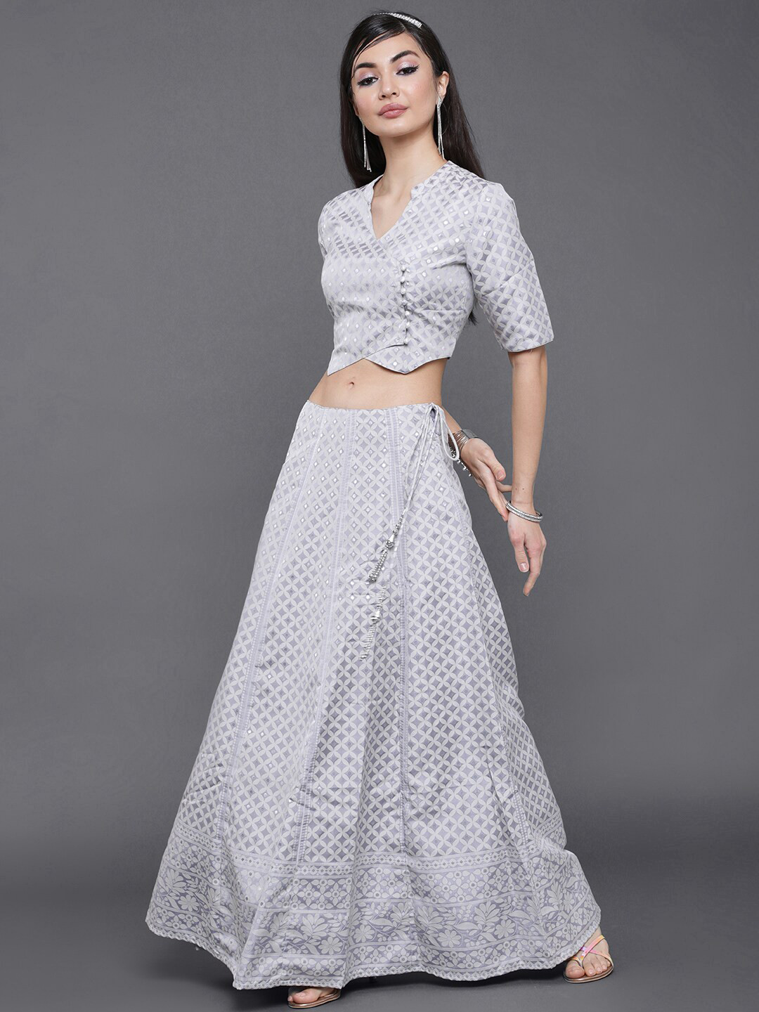 

saubhagya Grey & Silver-Toned Printed Ready to Wear Lehenga &