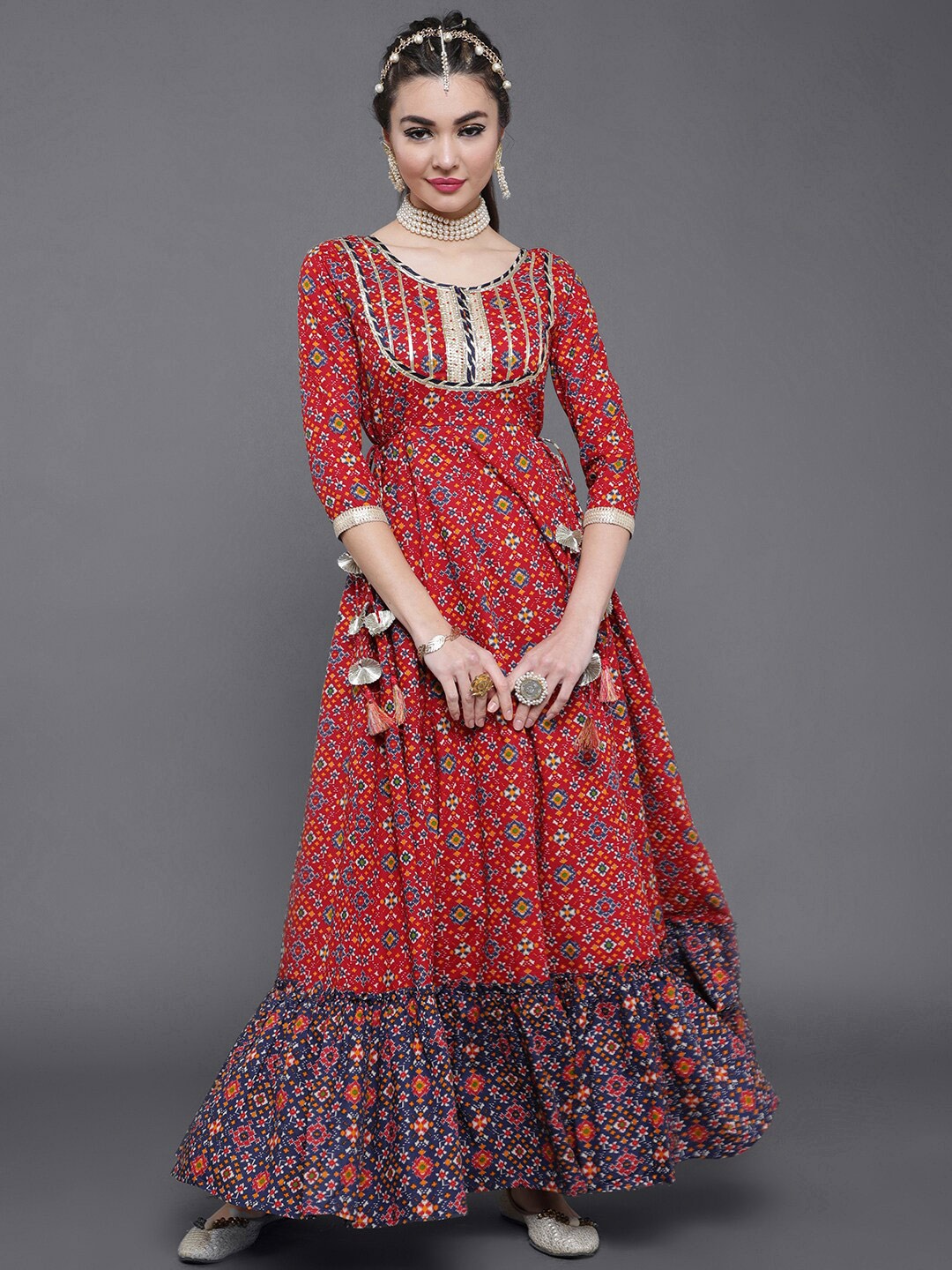 

saubhagya Red Patola Printed Flared Maxi Dress