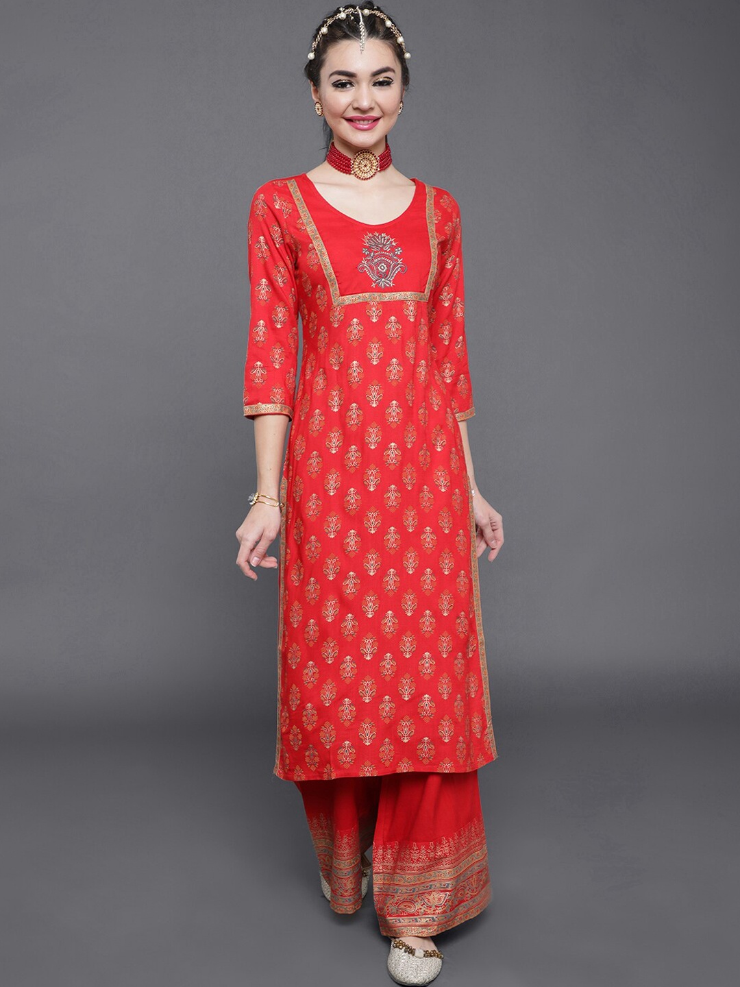 

saubhagya Women Red Ethnic Motifs Printed Kurta with Palazzos