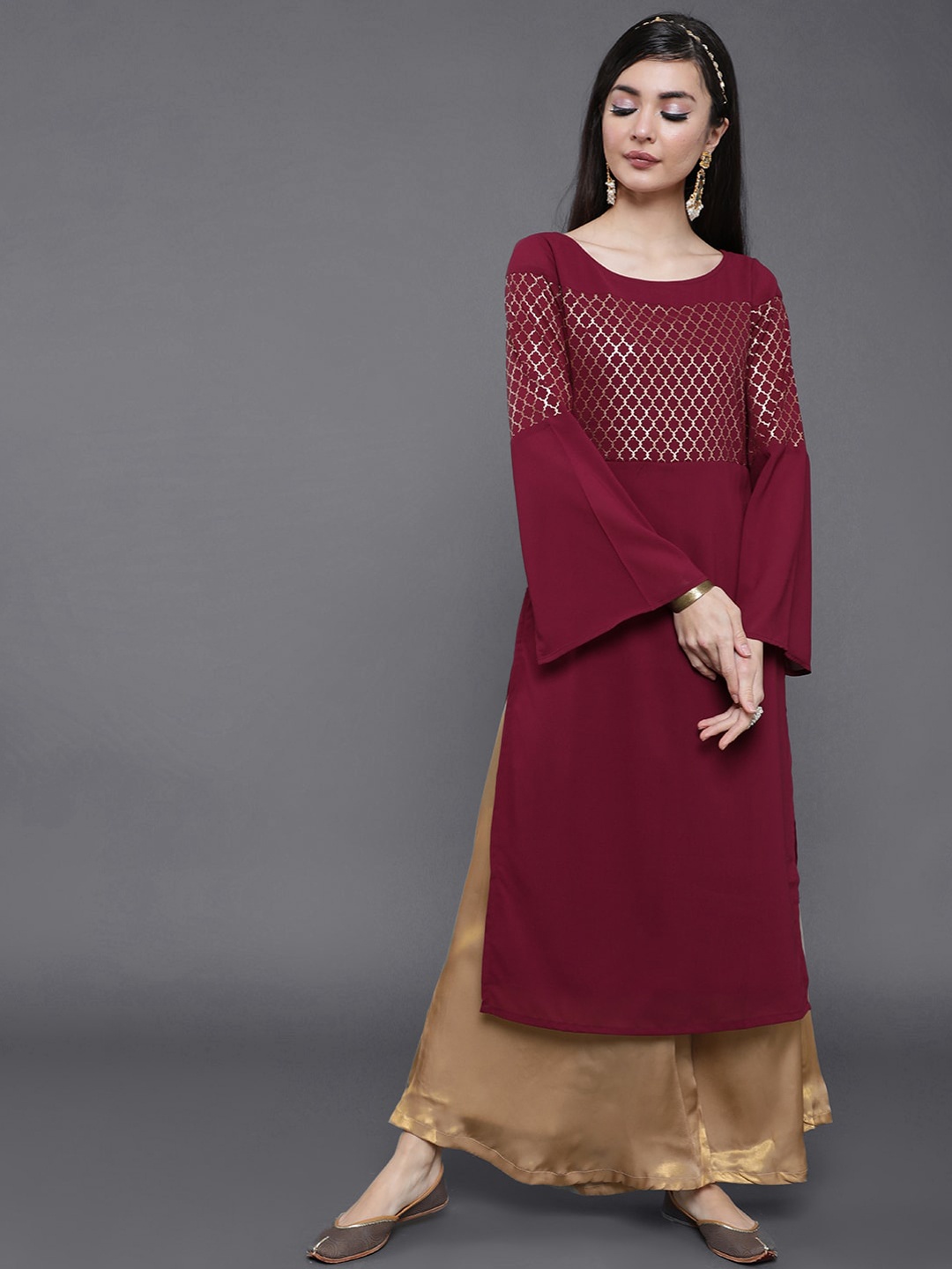 

saubhagya Women Maroon Geometric Yoke Design Flared Sleeves Georgette Kurta