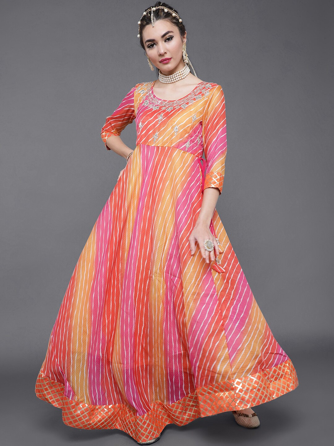 

saubhagya Orange & Yellow Leheriya Printed Maxi Dress