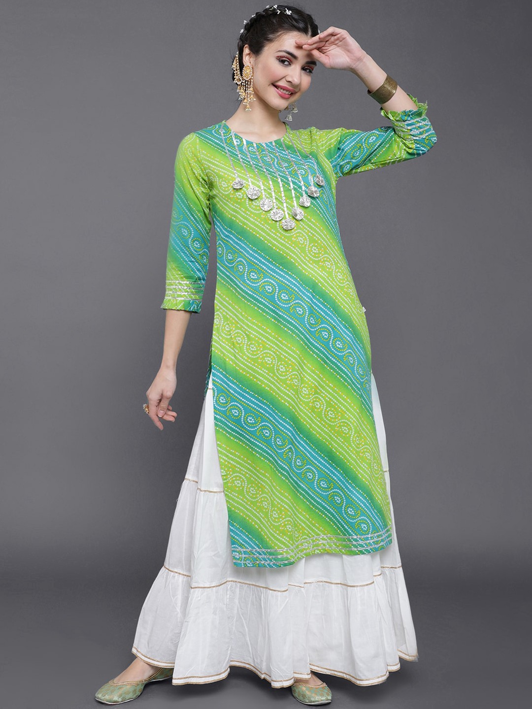 

saubhagya Women Blue & White Bandhani Printed Cotton Kurta
