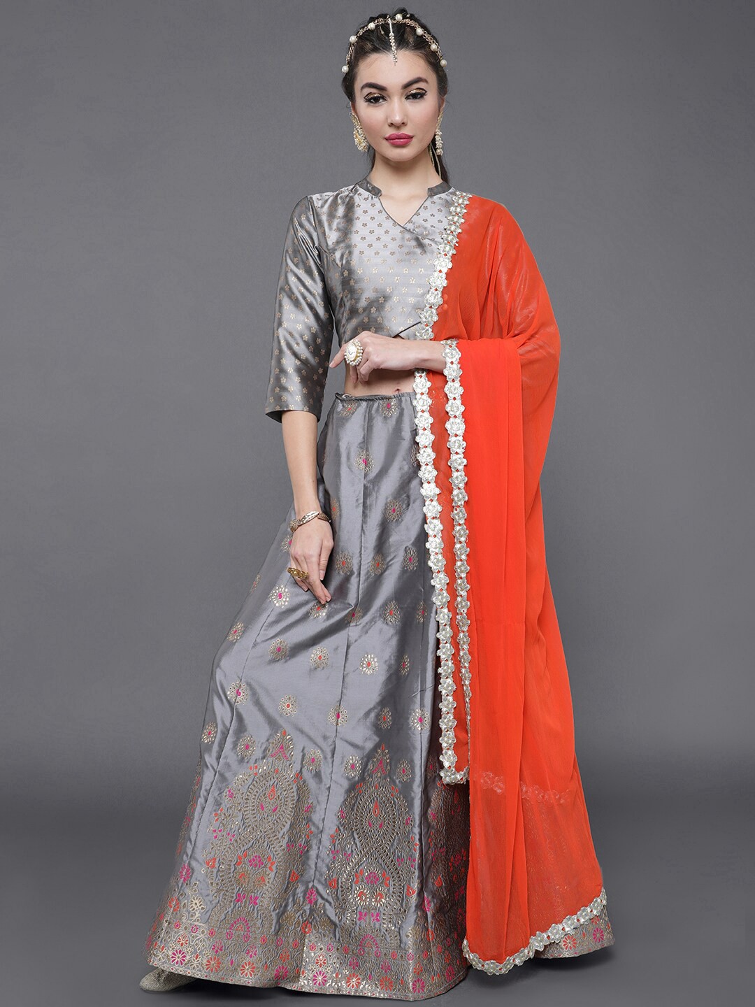 

saubhagya Grey & Orange Ready to Wear Zari Work Lehenga & Blouse With Dupatta