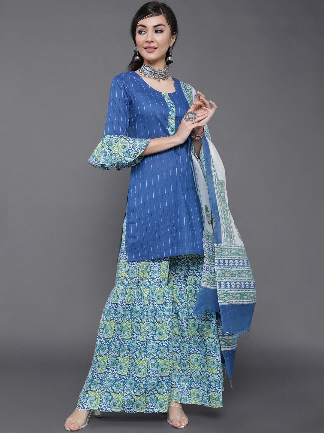 

saubhagya Women Blue Floral Printed Pure Cotton Kurta with Sharara & With Dupatta