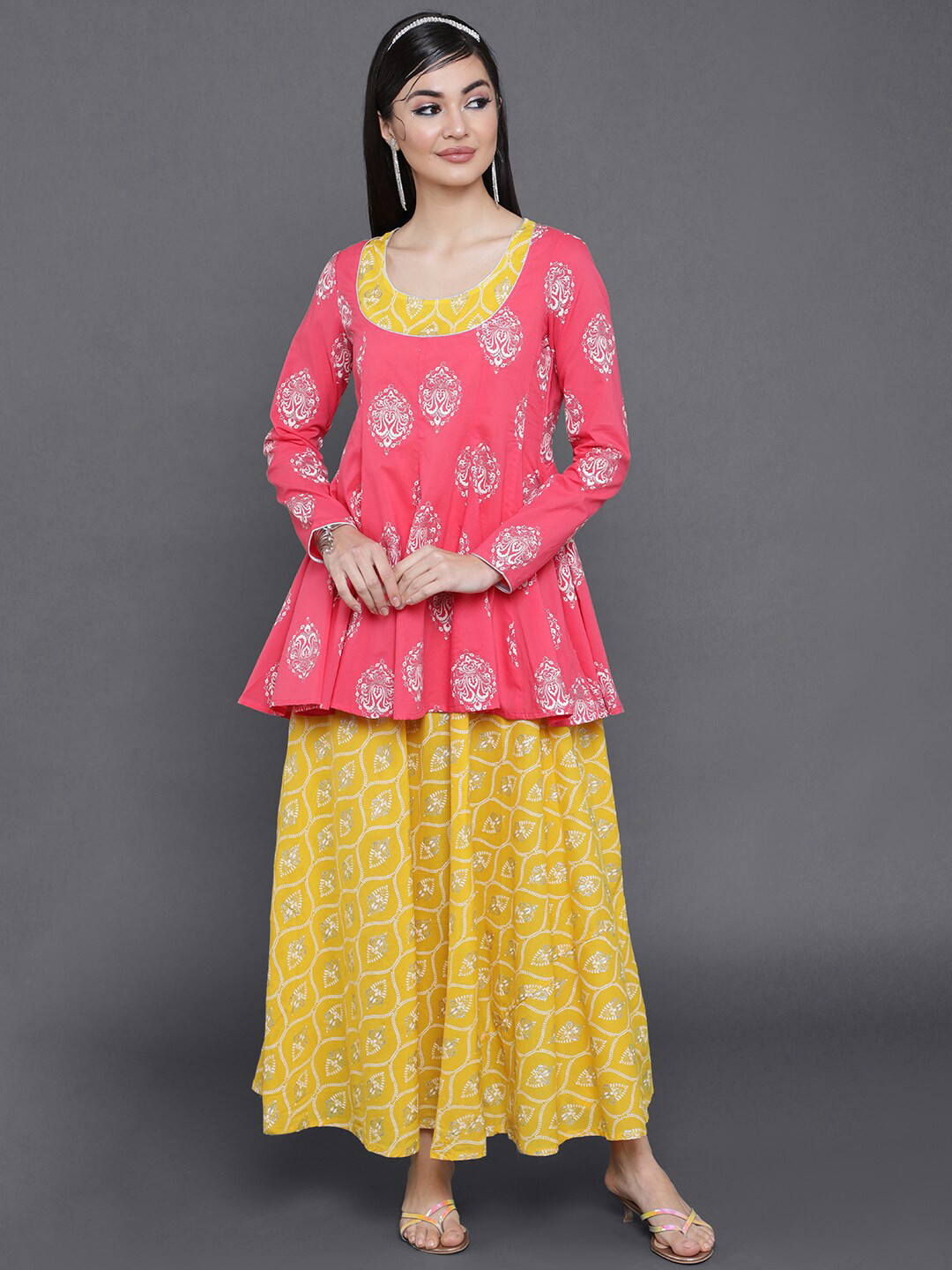 

saubhagya Women Yellow & Pink Ethnic Motif Printed Cotton Maxi Dress