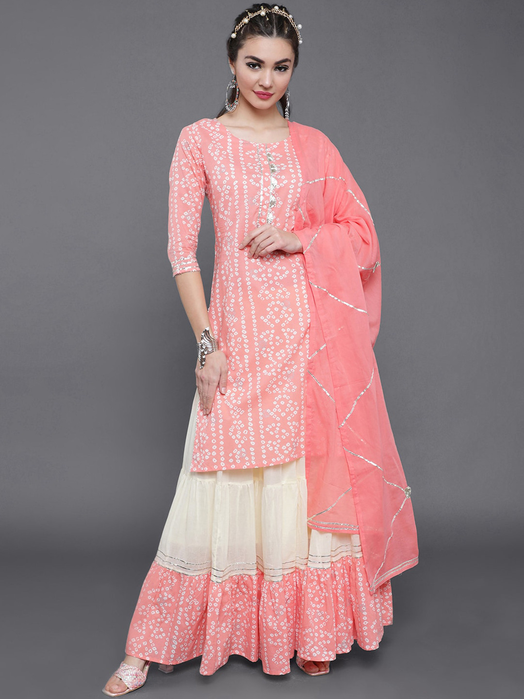 

saubhagya Women Peach-Coloured Bandhani Printed Pure Cotton Kurta with Skirt & With Dupatta