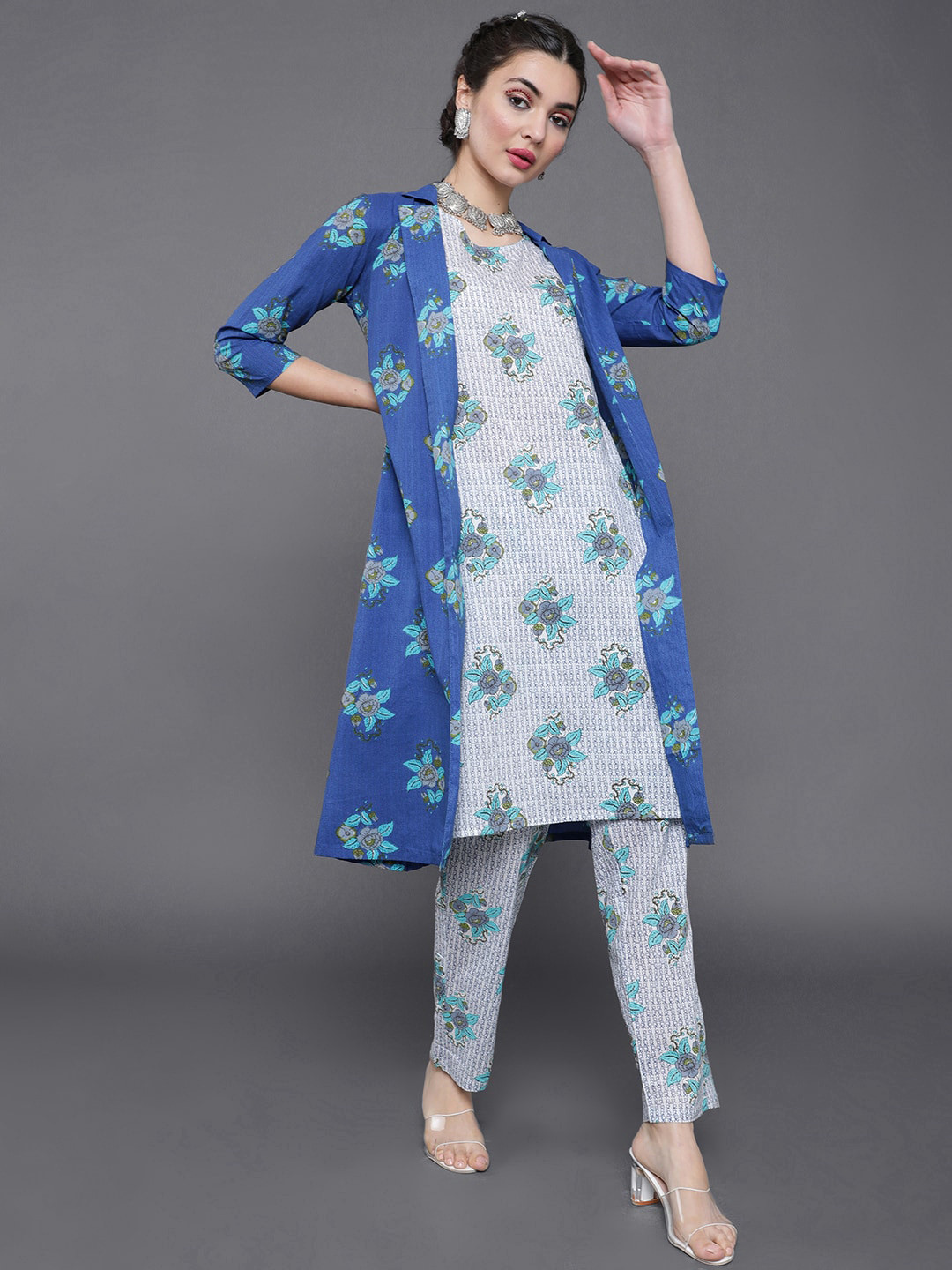

saubhagya Women Blue Floral Printed Layered Pure Cotton Kurta with Trousers