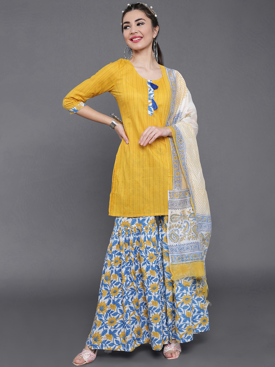 

saubhagya Women Yellow & Blue Striped Pure Cotton Kurta with Sharara & Dupatta