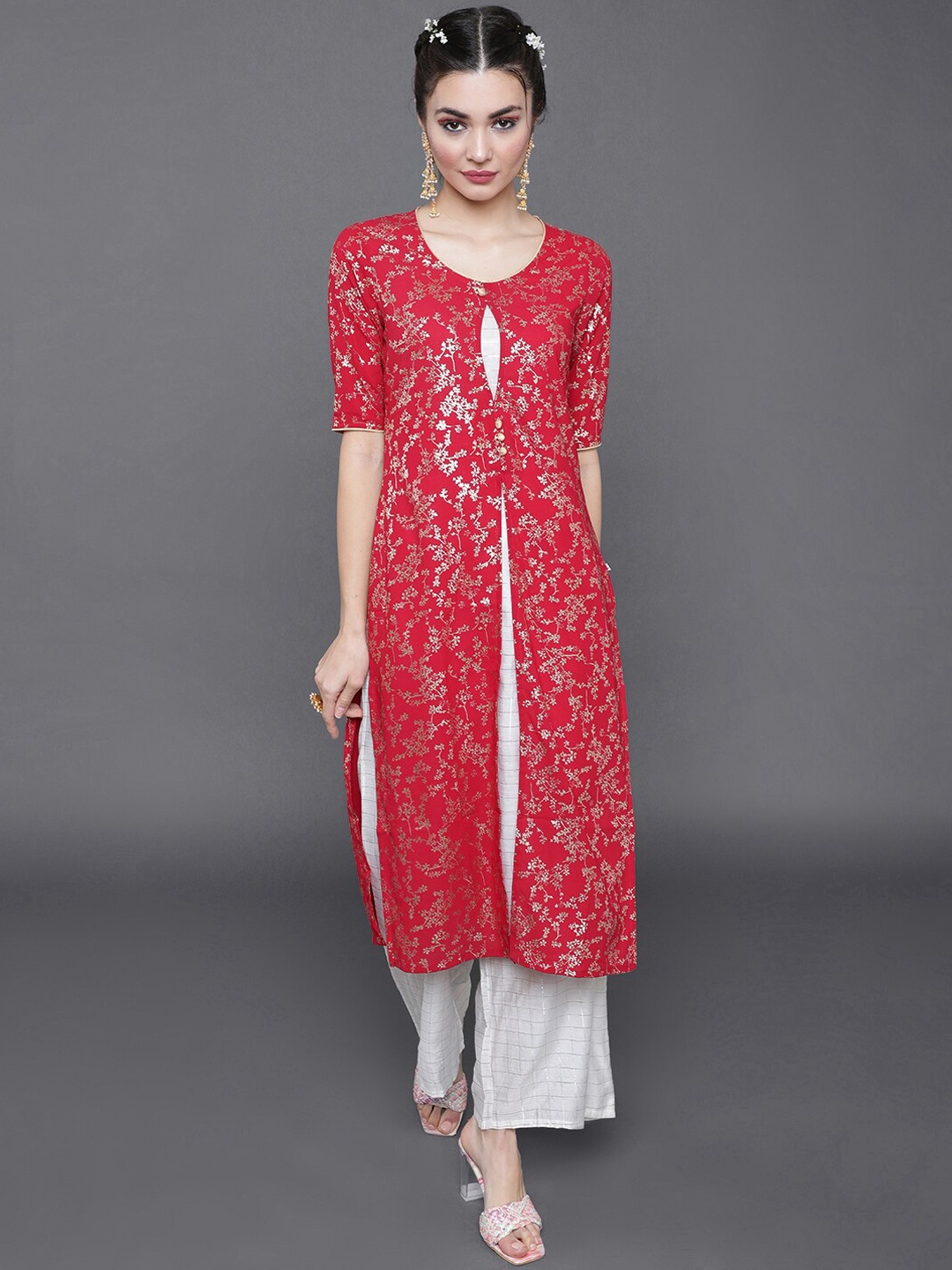 

saubhagya Women Red Floral Printed Layered Kurta with Palazzos