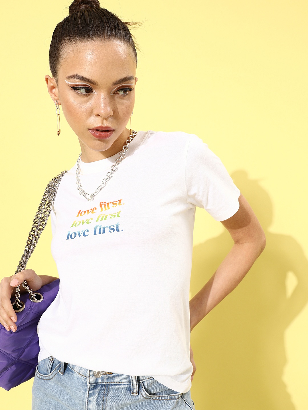 

Zink London Women Classic White Typography Joyful Conversation Tshirt