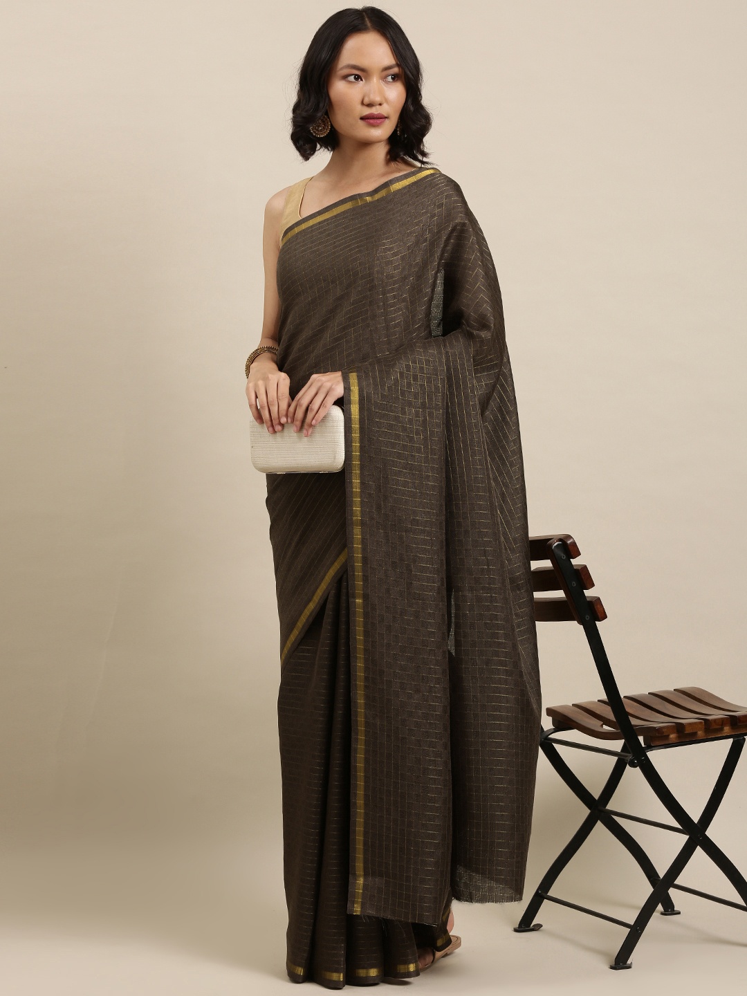 

Pothys Coffee Brown & Gold Checked Linen Blend Saree