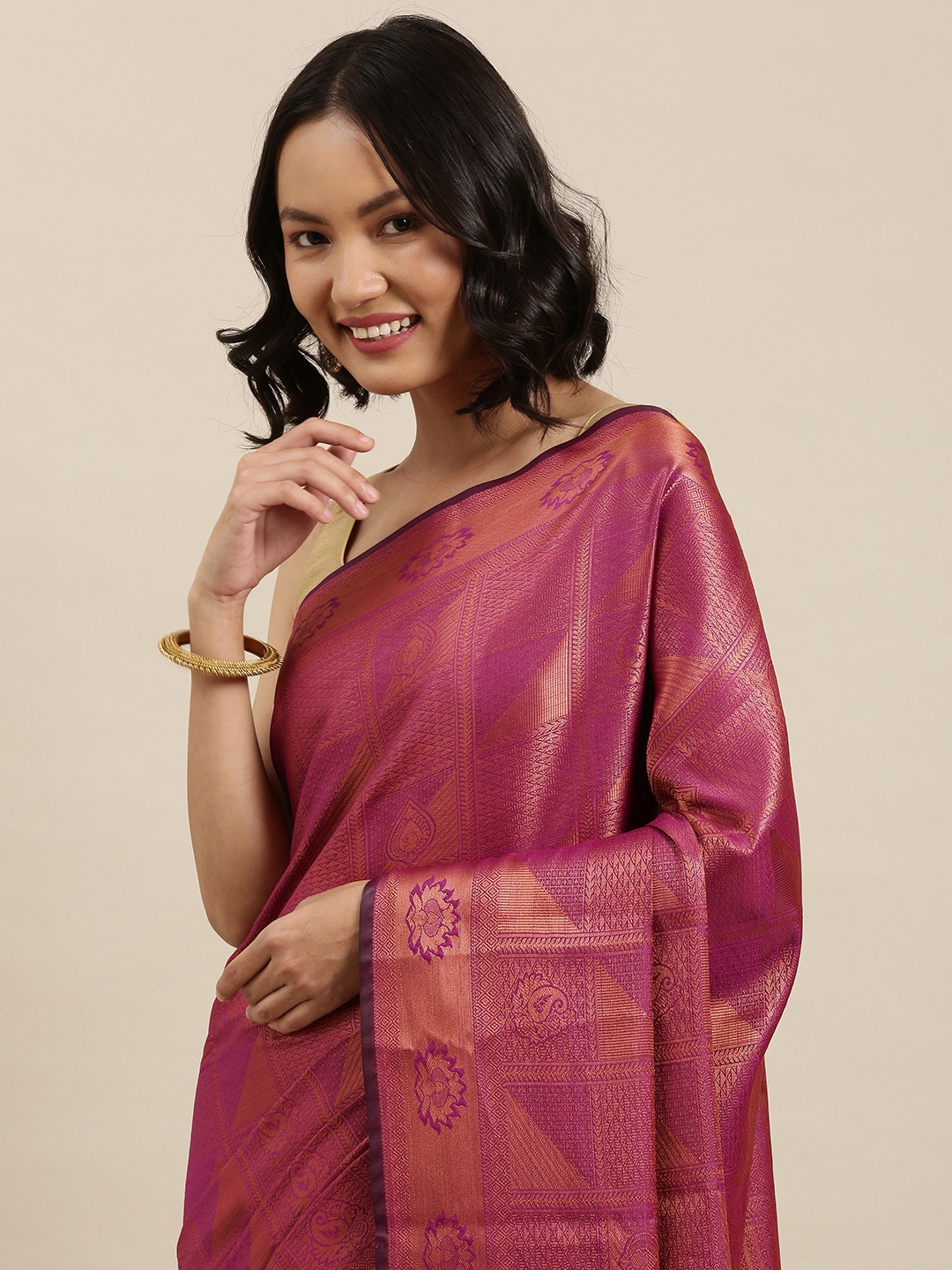 

Pothys Magenta & Gold Ethnic Motifs Woven Design Jute Silk Saree