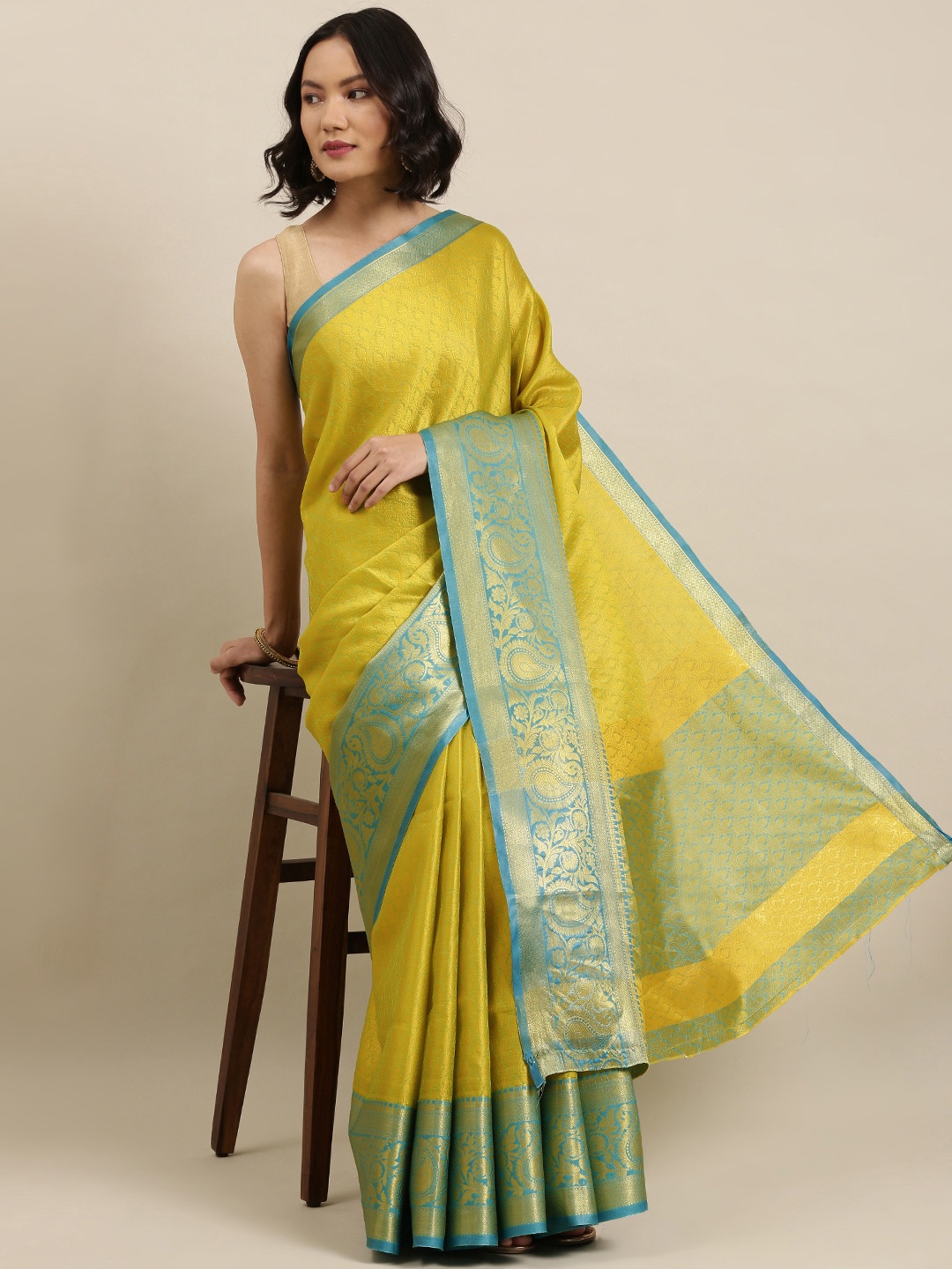 

Pothys Lime Green & Turquoise Blue Ethnic Motifs Jute Silk Saree