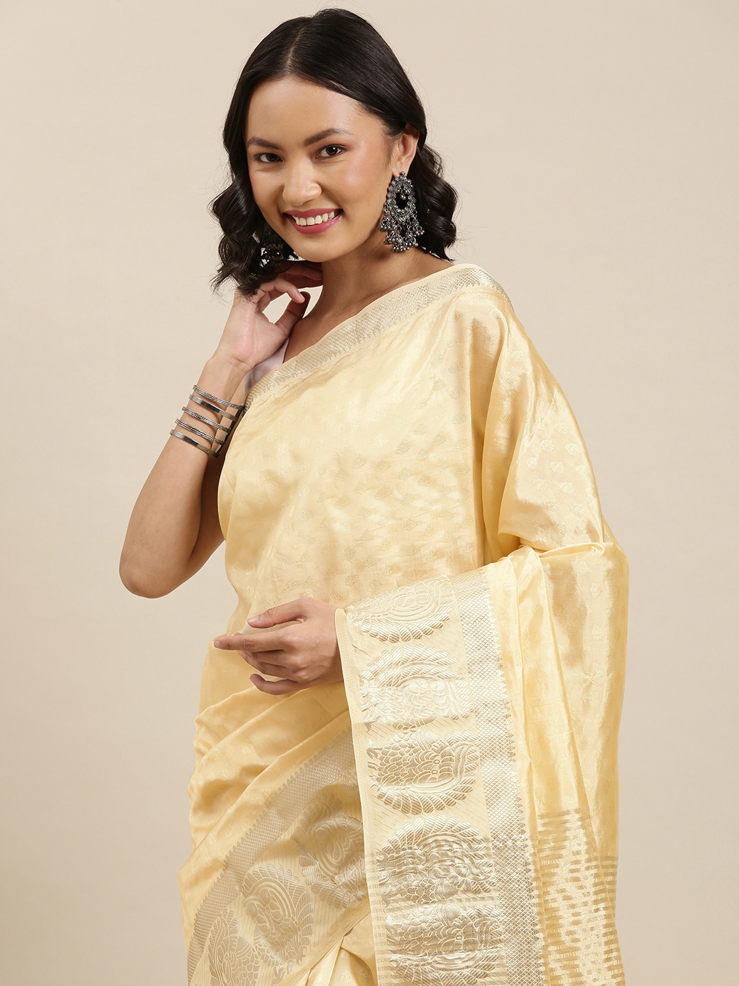 

Pothys Cream-Coloured & Golden Ethnic Motifs Jute Silk Saree