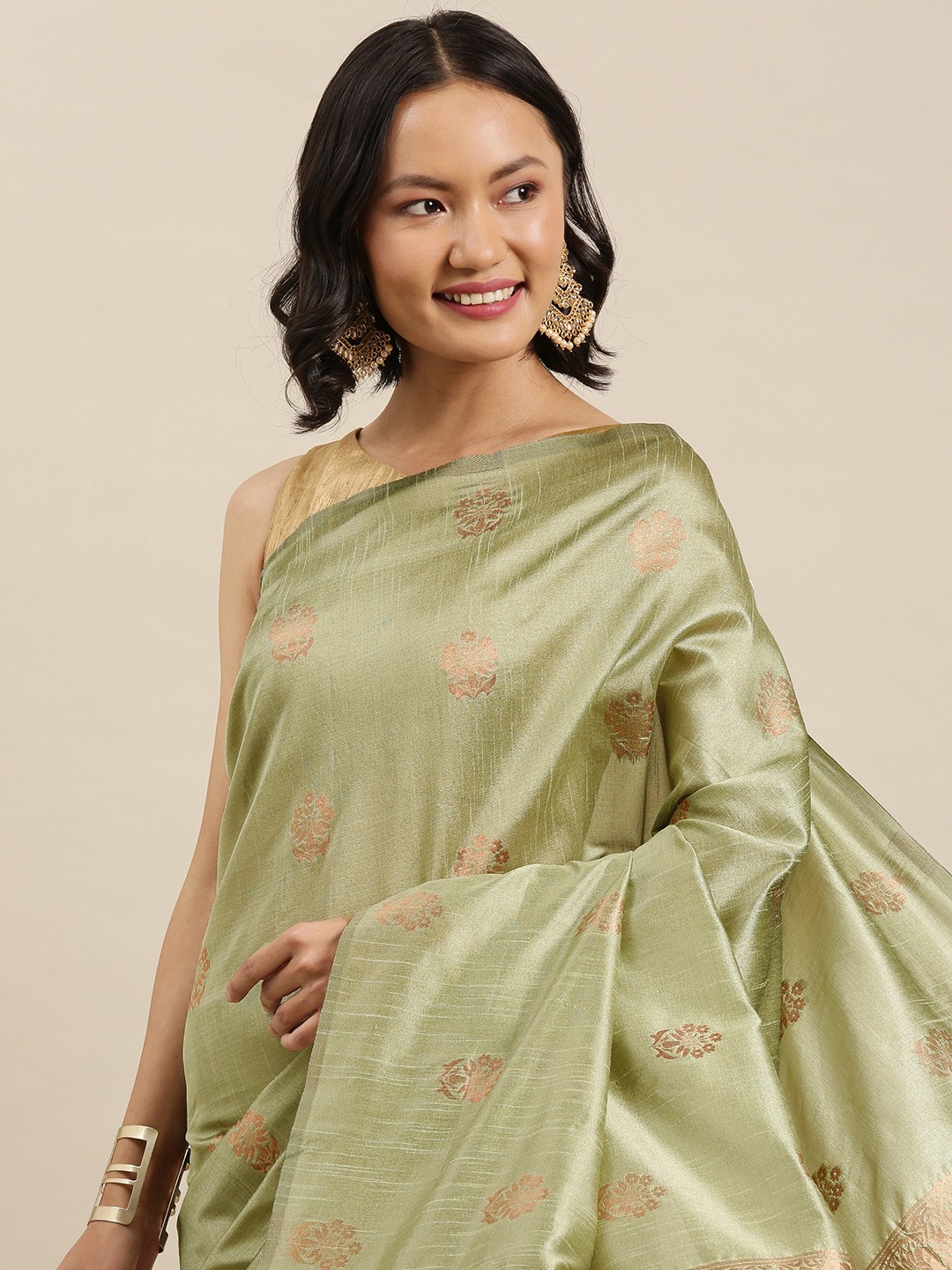 

Pothys Sage Green & Gold Ethnic Motifs Woven Design Silk Blend Banarasi Saree