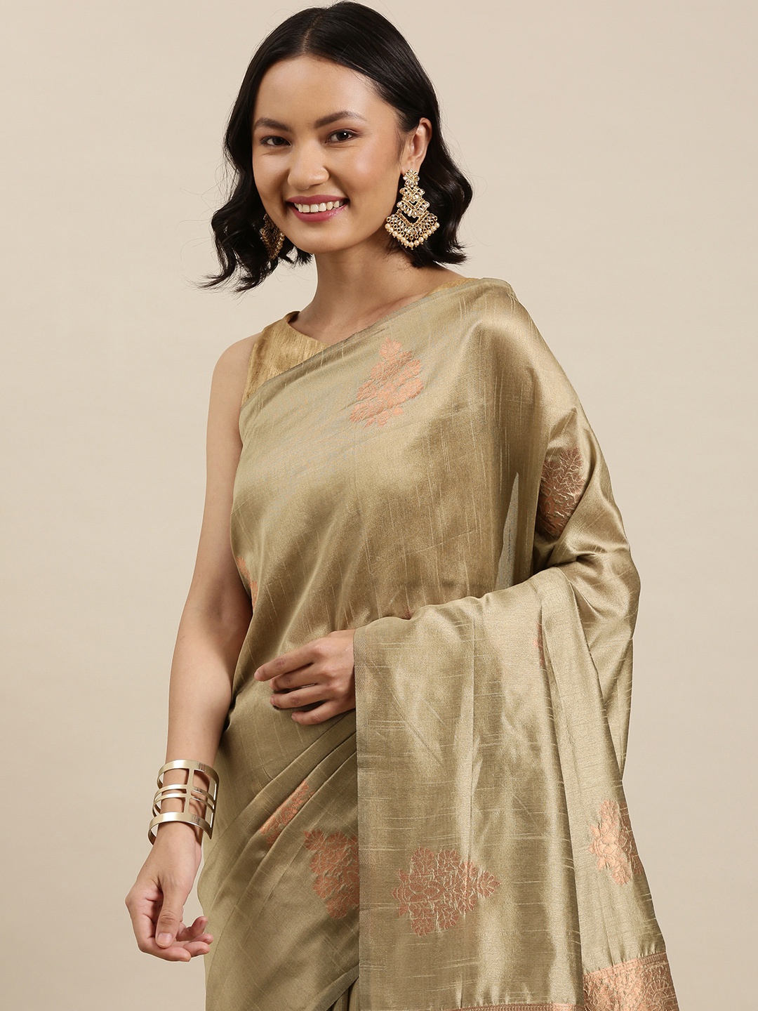 

Pothys Olive Green & Rose Gold Ethnic Motifs Silk Blend Banarasi Saree