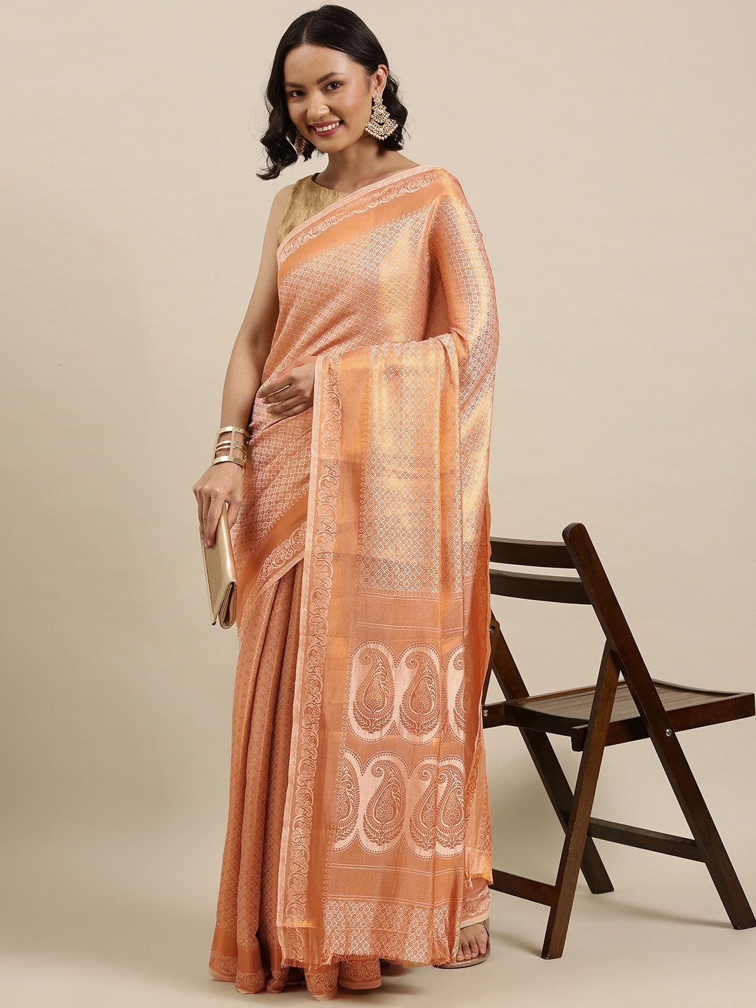 

Pothys Cream-Coloured & Gold Ethnic Motifs Woven Design Art Silk Kanjeevaram Saree