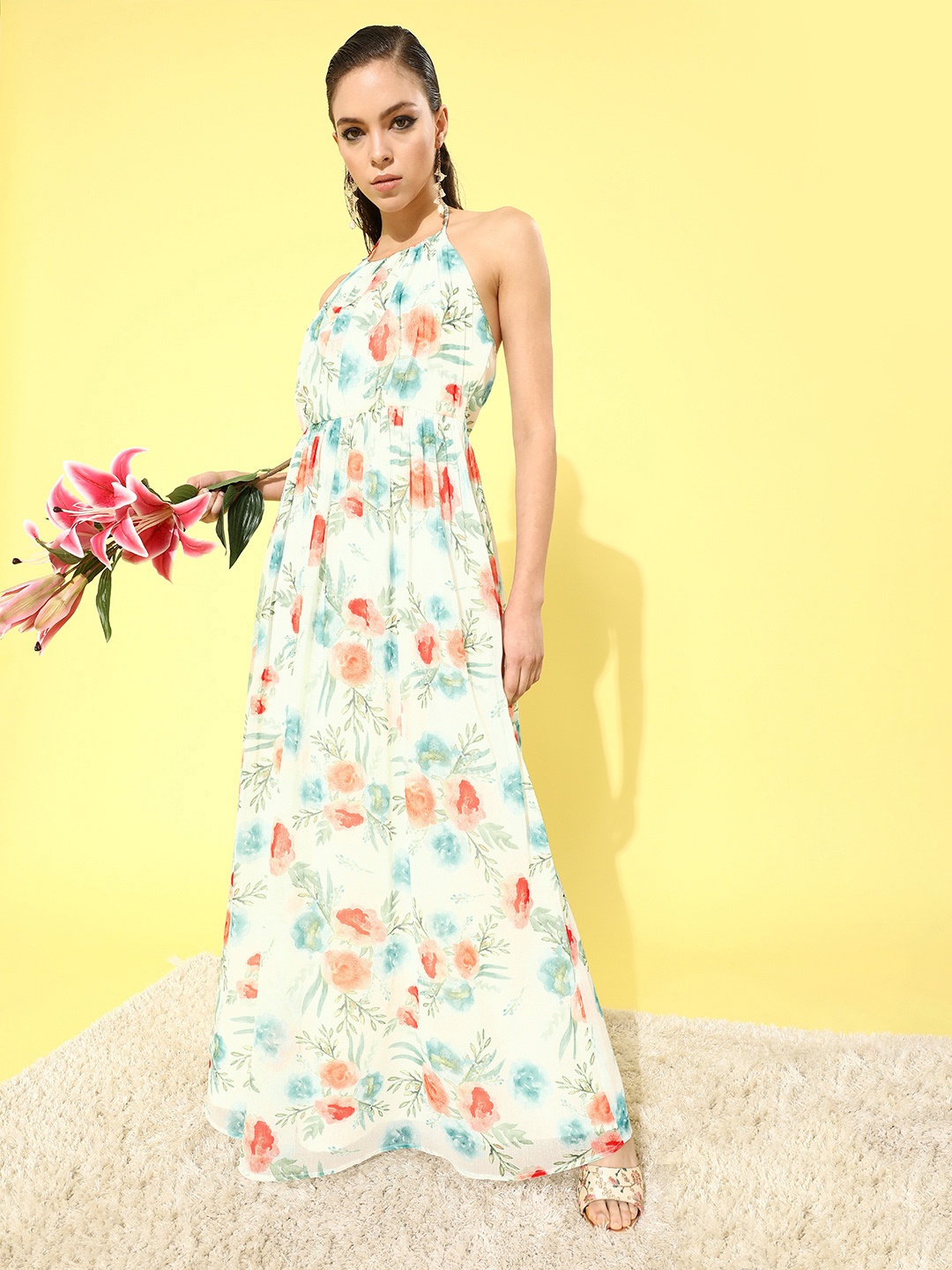 

MISH Women Beautiful Off-White Floral New Neckline Dress