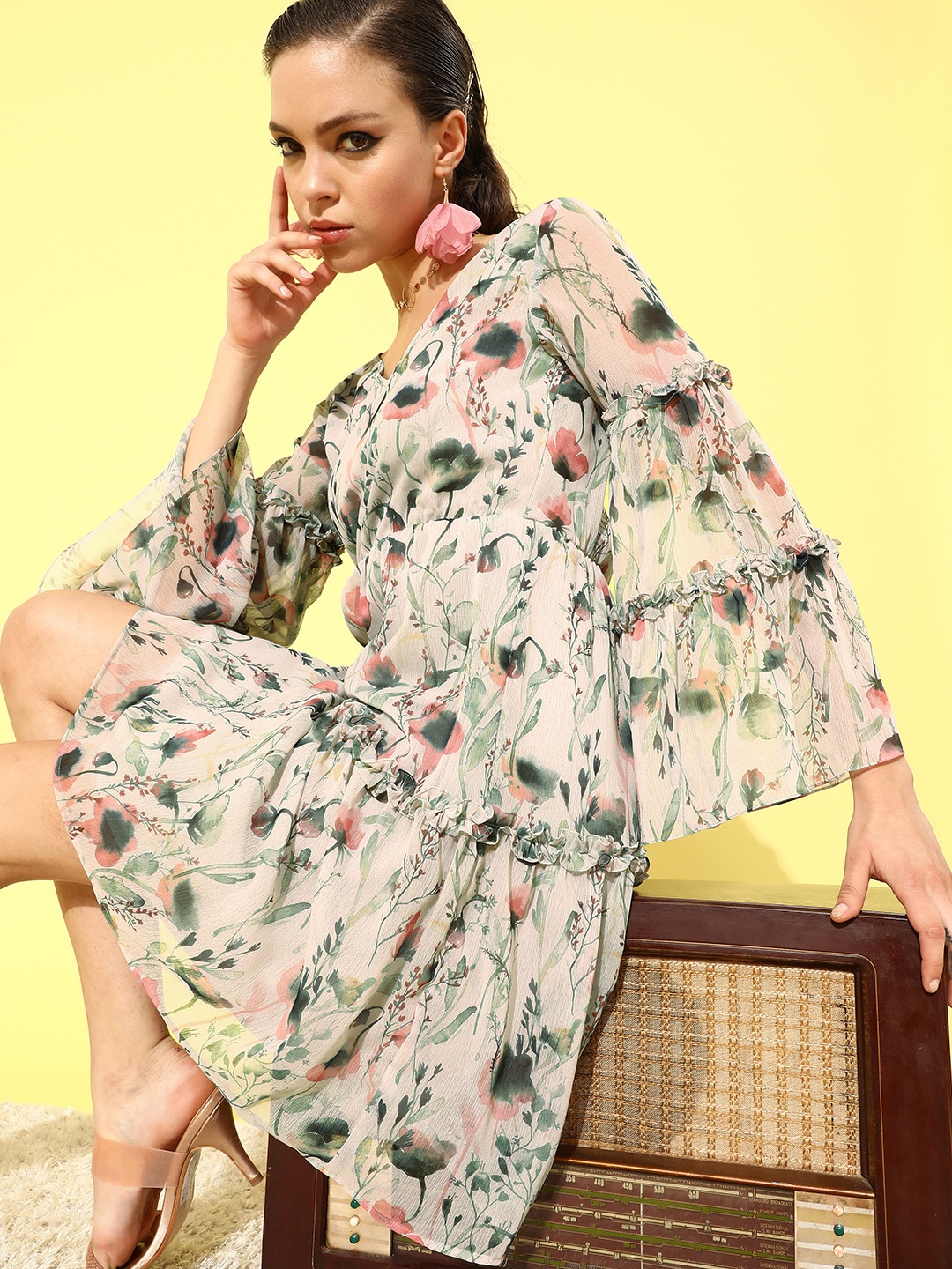 

MISH Women Beautiful Off-White Floral Volume Play Dress