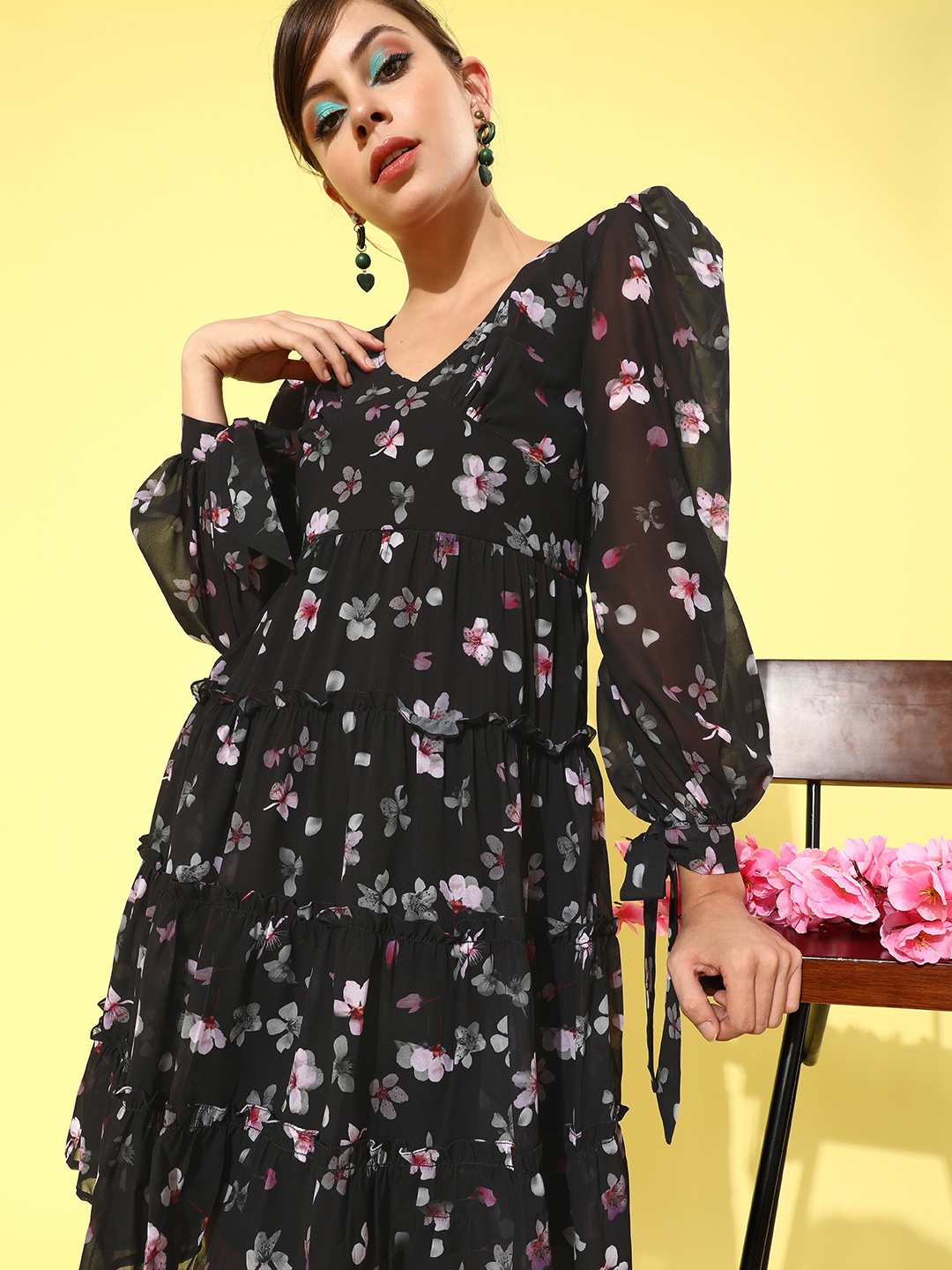 

MISH Women Stylish Black Floral New Neckline Dress