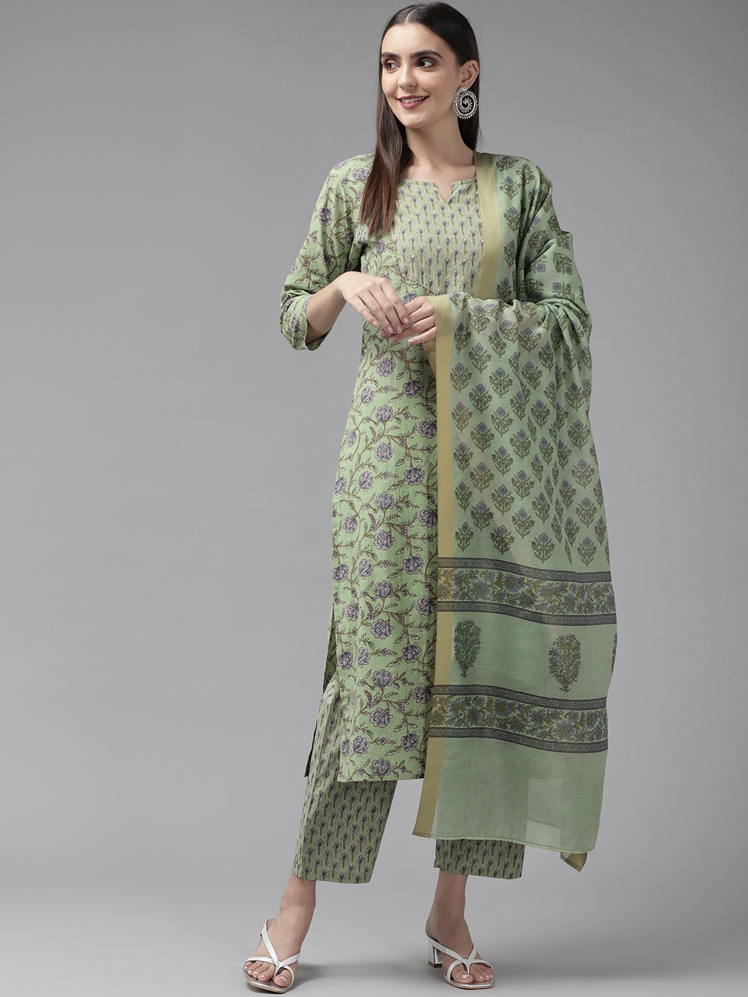 

Yufta Women Green & Grey Ethnic Motifs Sequinned Pure Cotton Kurta & Trousers & Dupatta