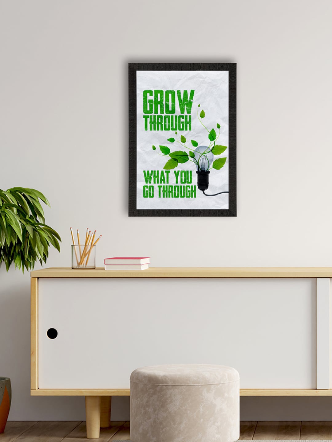 

eCraftIndia White & Green Grow Through What You Go Through Printed Framed Wall Art