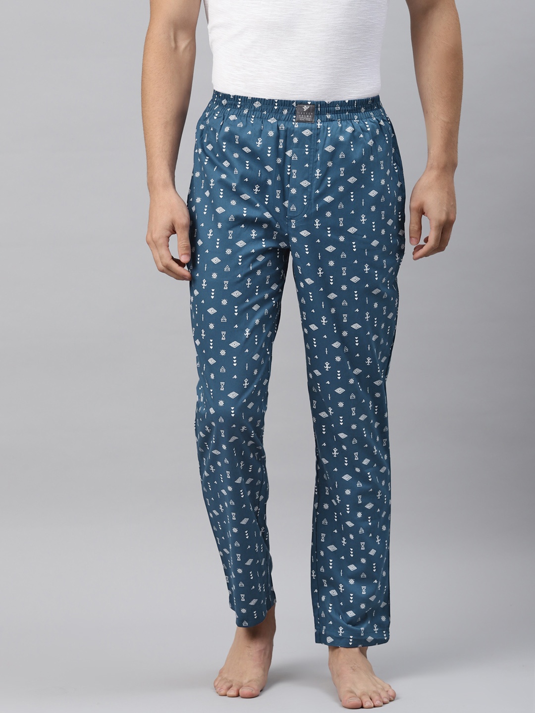 

Hubberholme Men Teal Blue & White Tribal Print Pure Cotton Lounge Pants