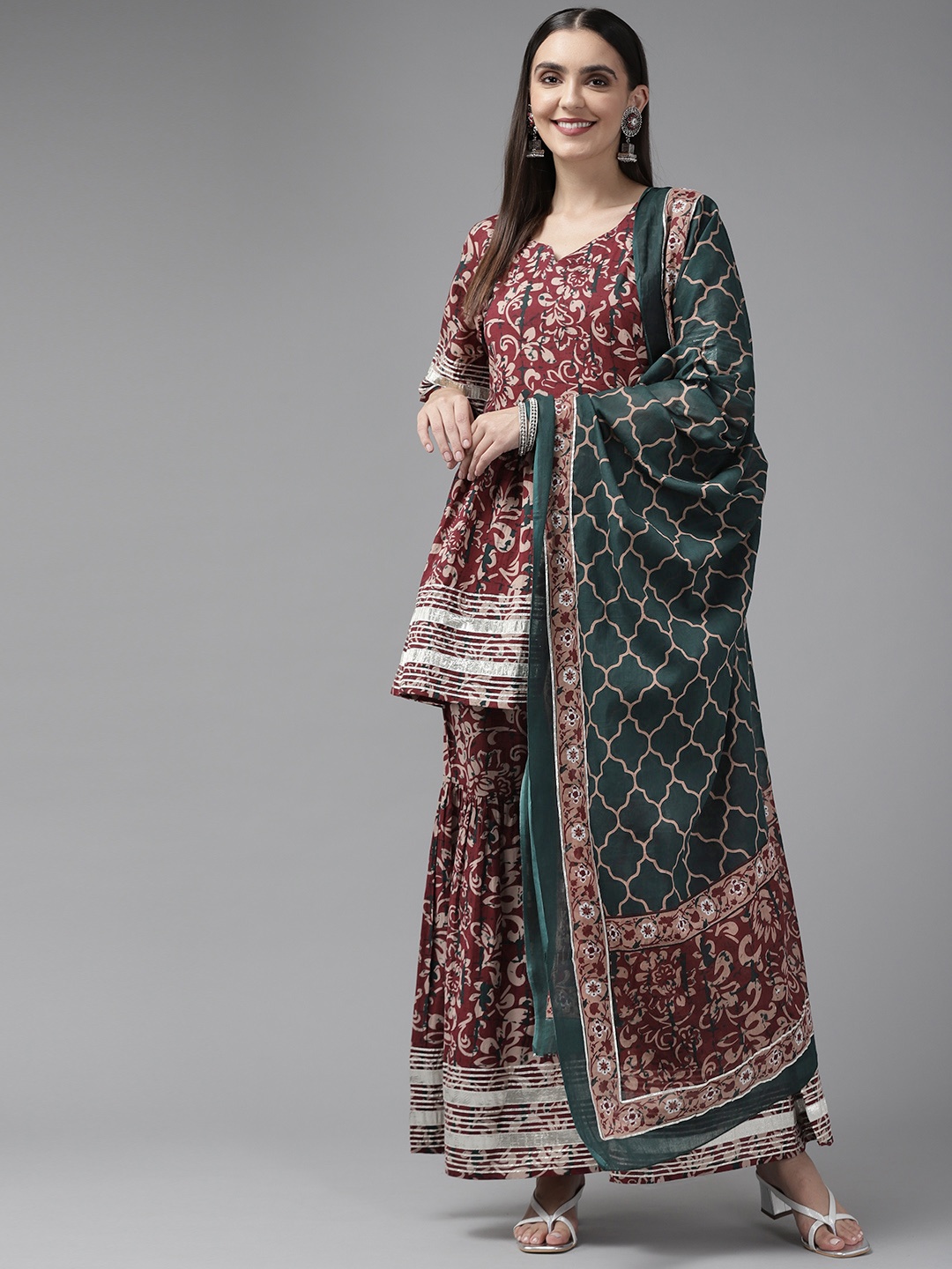 

Yufta Women Maroon & Teal Green Ethnic Printed Kurta with Sharara & Dupatta