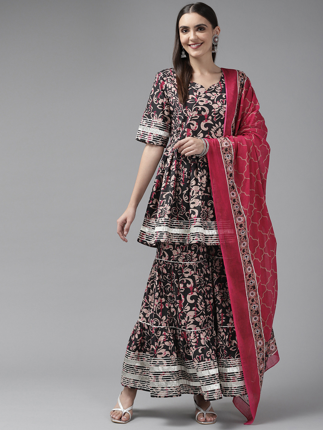 

Yufta Women Maroon & Beige Ethnic Printed Kurta with Sharara & Dupatta