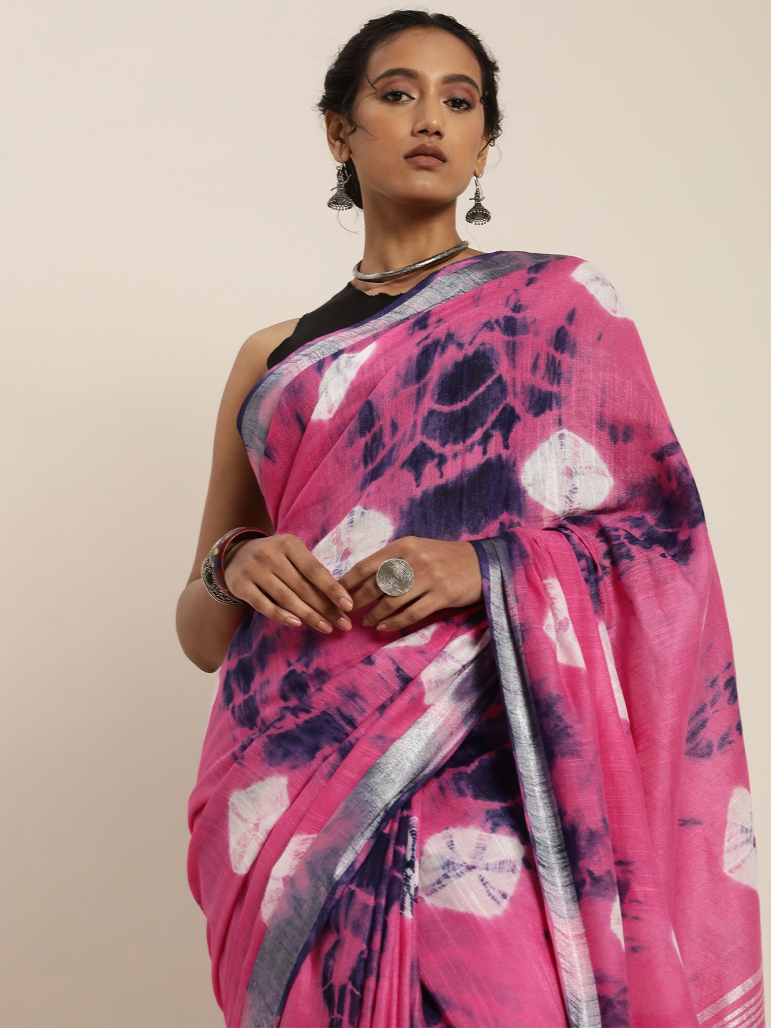 

Taavi Pink & Blue Tie and Dye Bandhani Saree