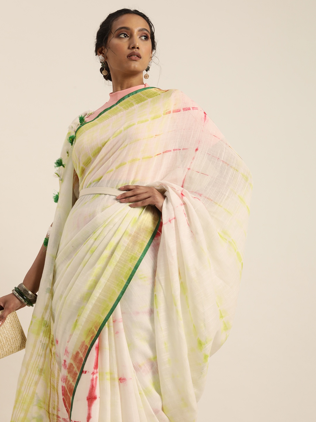 

Taavi White & Lime Green Tie and Dye Bandhani Saree