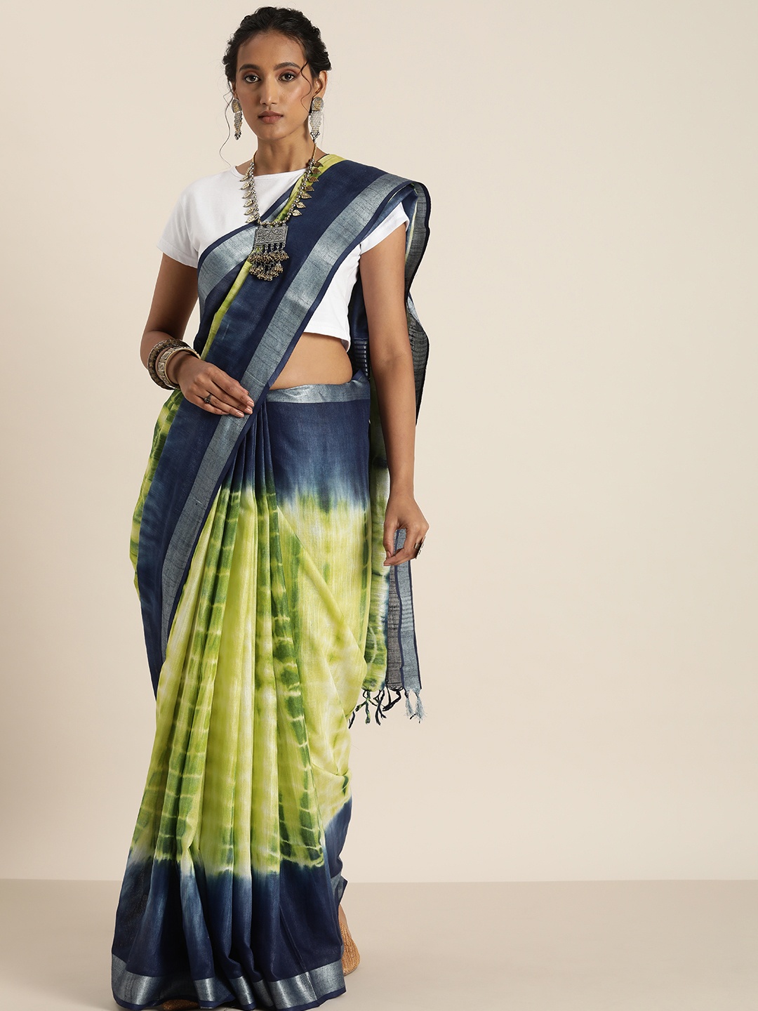 

Taavi Navy Blue & Lime Green Tie and Dye Bandhani Saree
