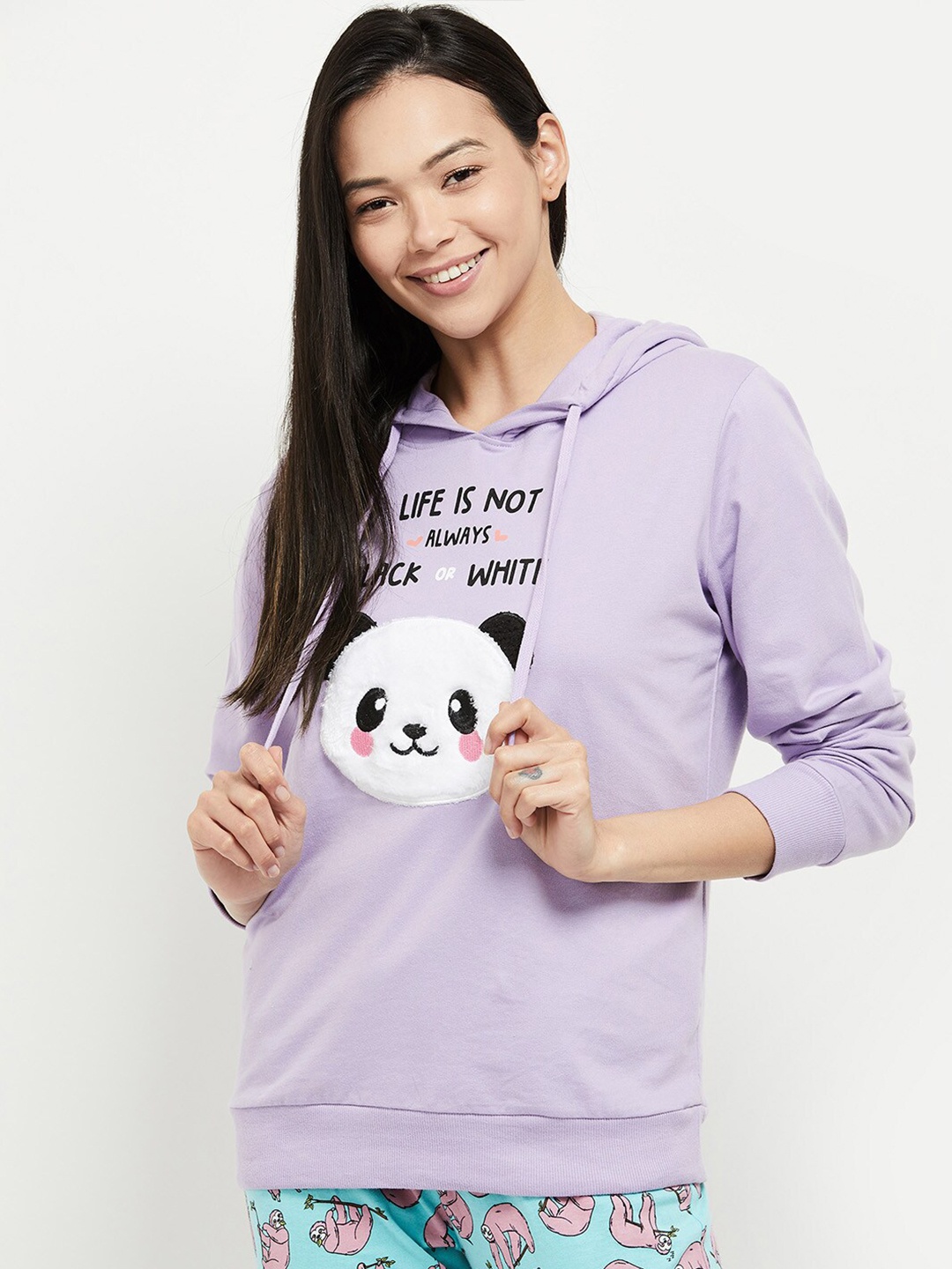 

max Women Purple Kung FU Panda Printed Cotton Hooded Sweatshirt
