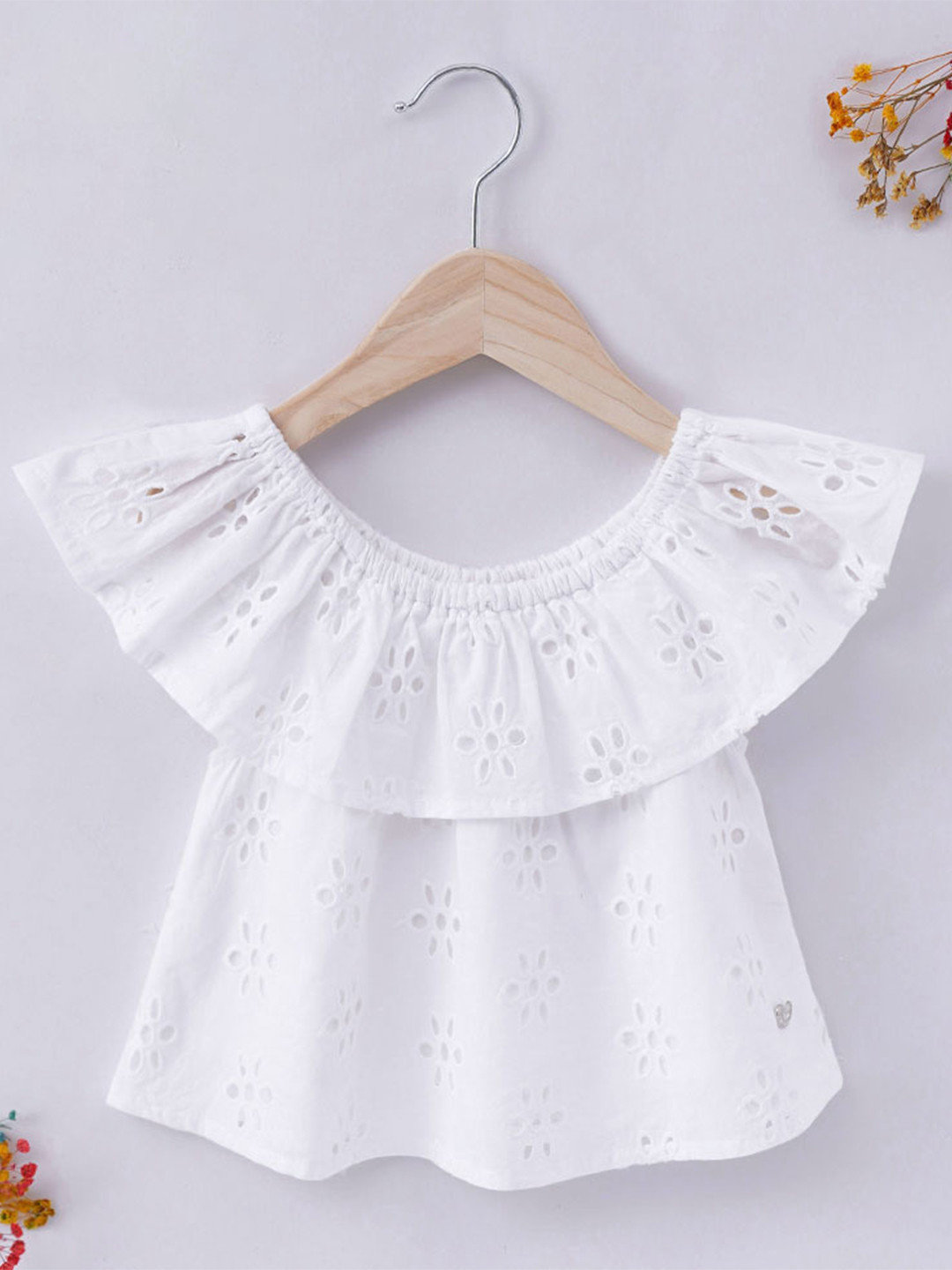 

Ed-a-Mamma Girls White Floral Off-Shoulder Schiffli Pure Cotton Bardot Top