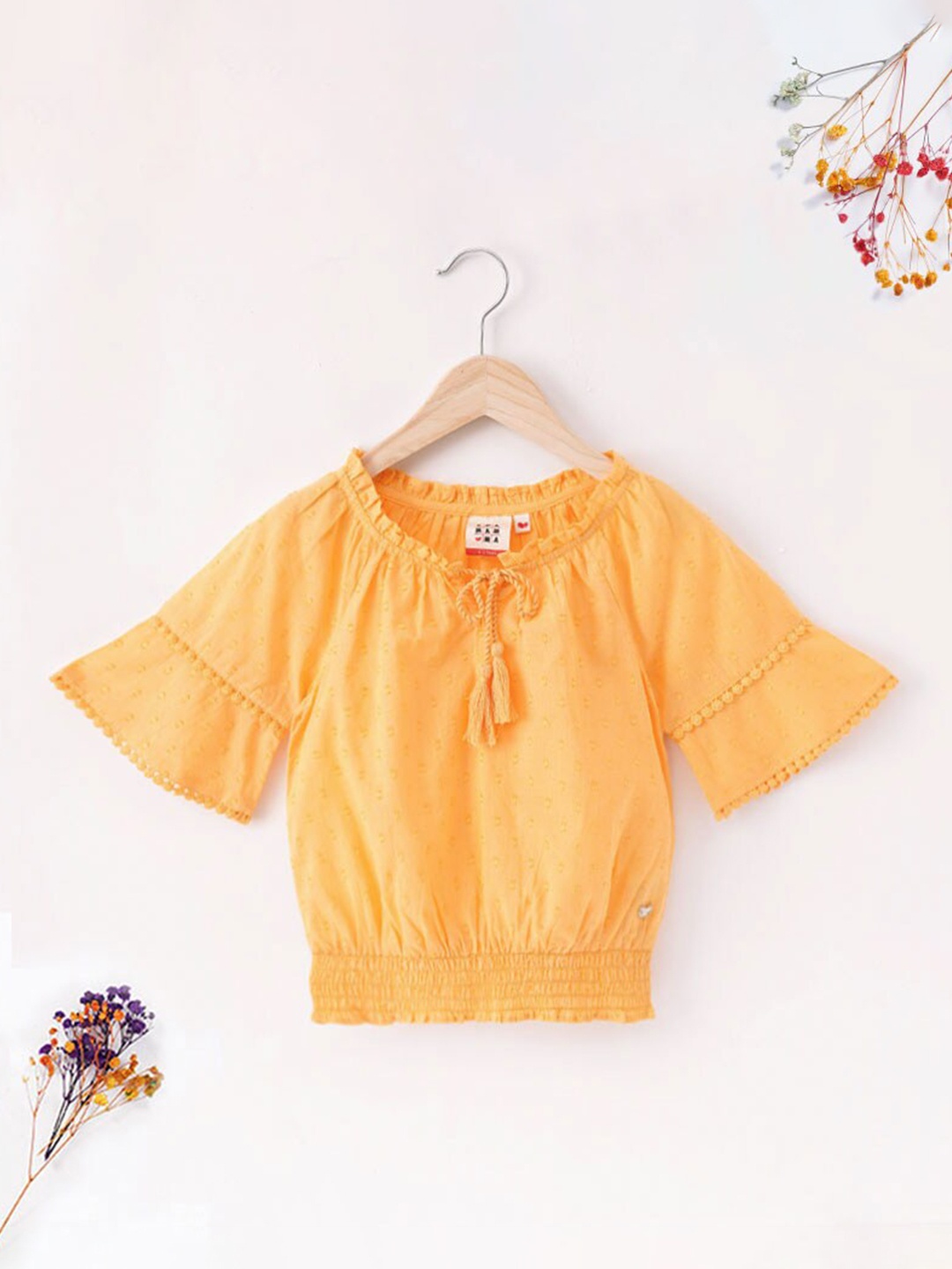 

Ed-a-Mamma Mustard Yellow Blouson Bell Sleeve Cotton Top