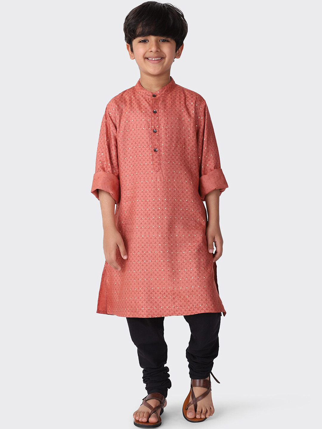 

Fabindia Boys Coral Peach Geometric Printed Kurta