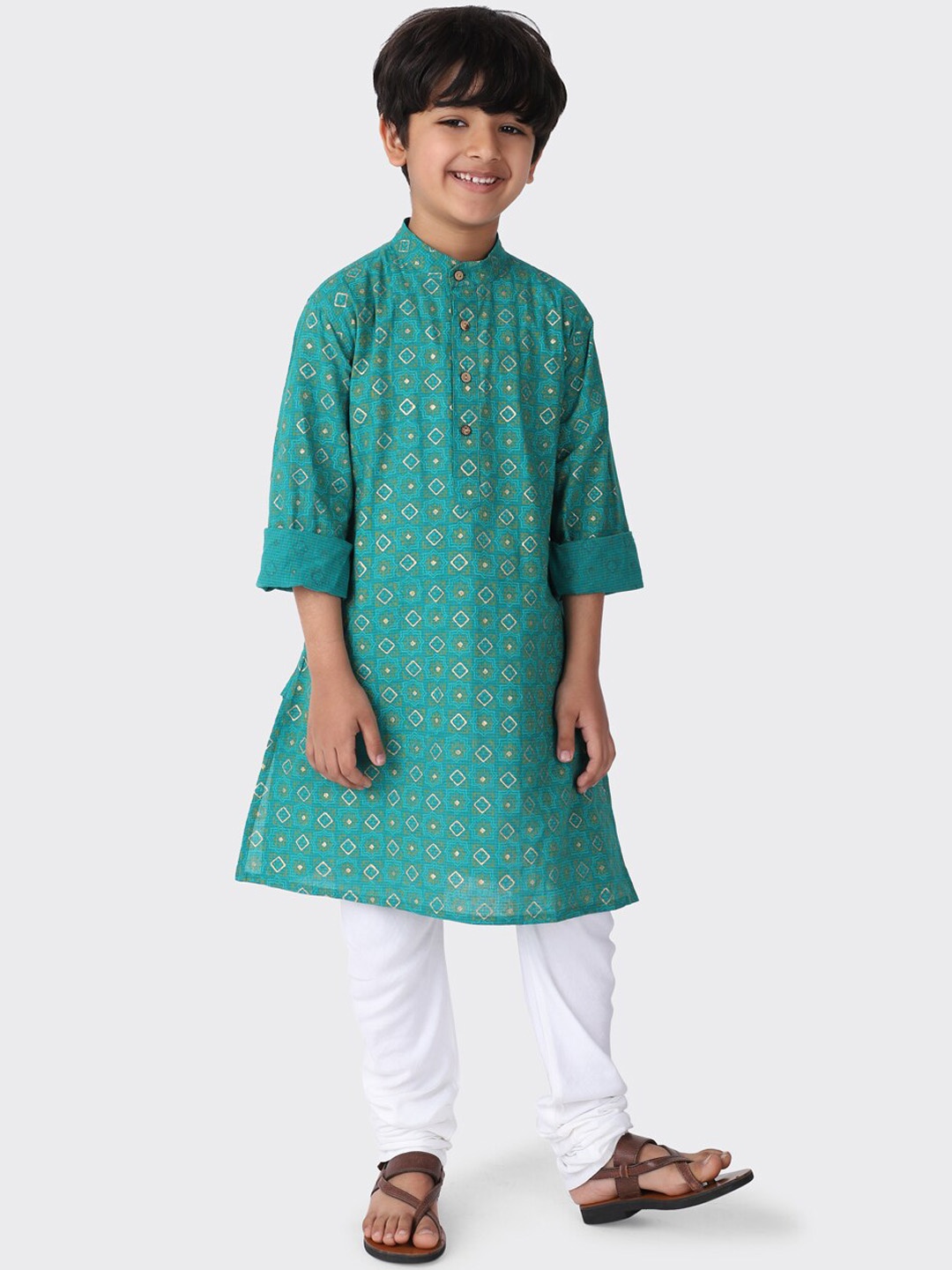 

Fabindia Boys Green & White Geometric Printed Cotton A-Line Kurta