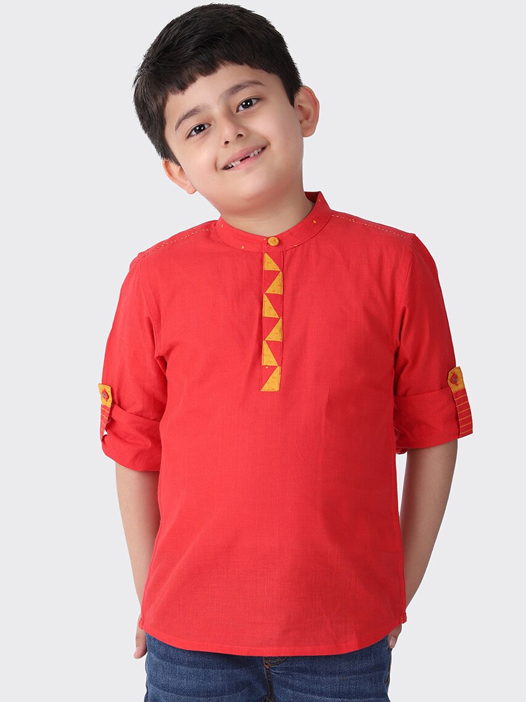 

Fabindia Boys Coral Pink Solid Cotton Kurta
