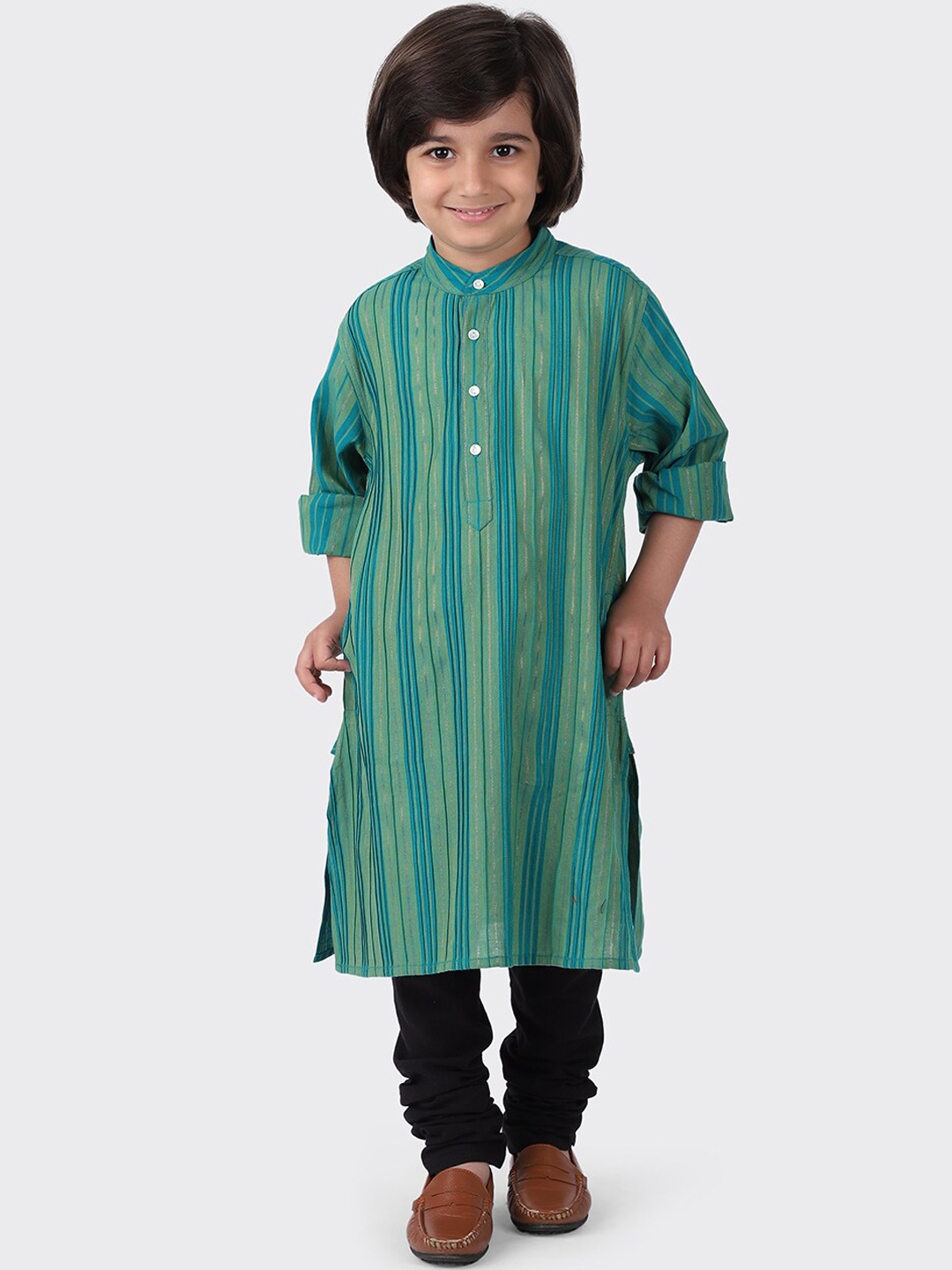 

Fabindia Boys Green Striped Thread Work Regular Cotton Kurta