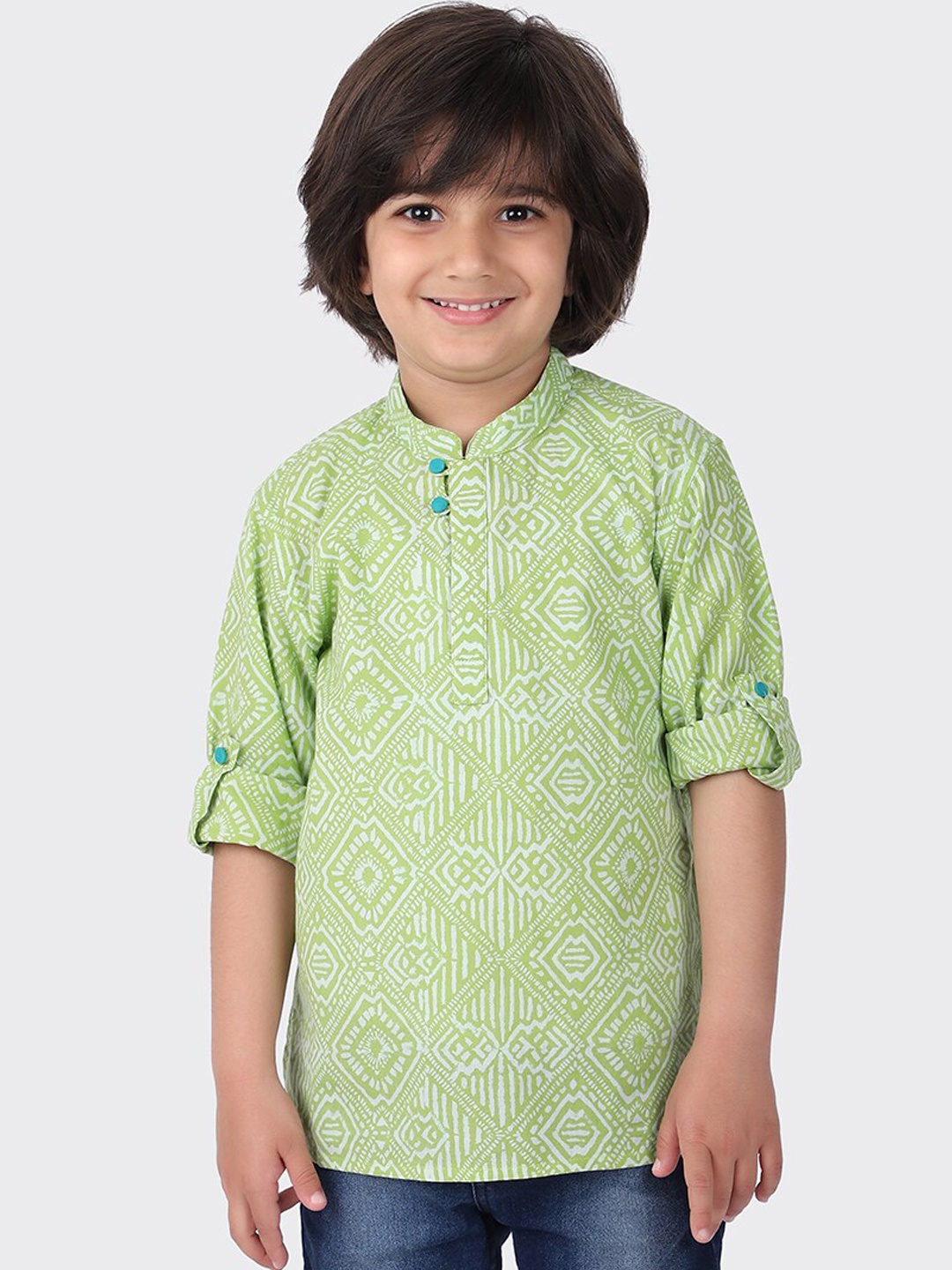 

Fabindia Boys Green Geometric Print Cotton Short Kurta
