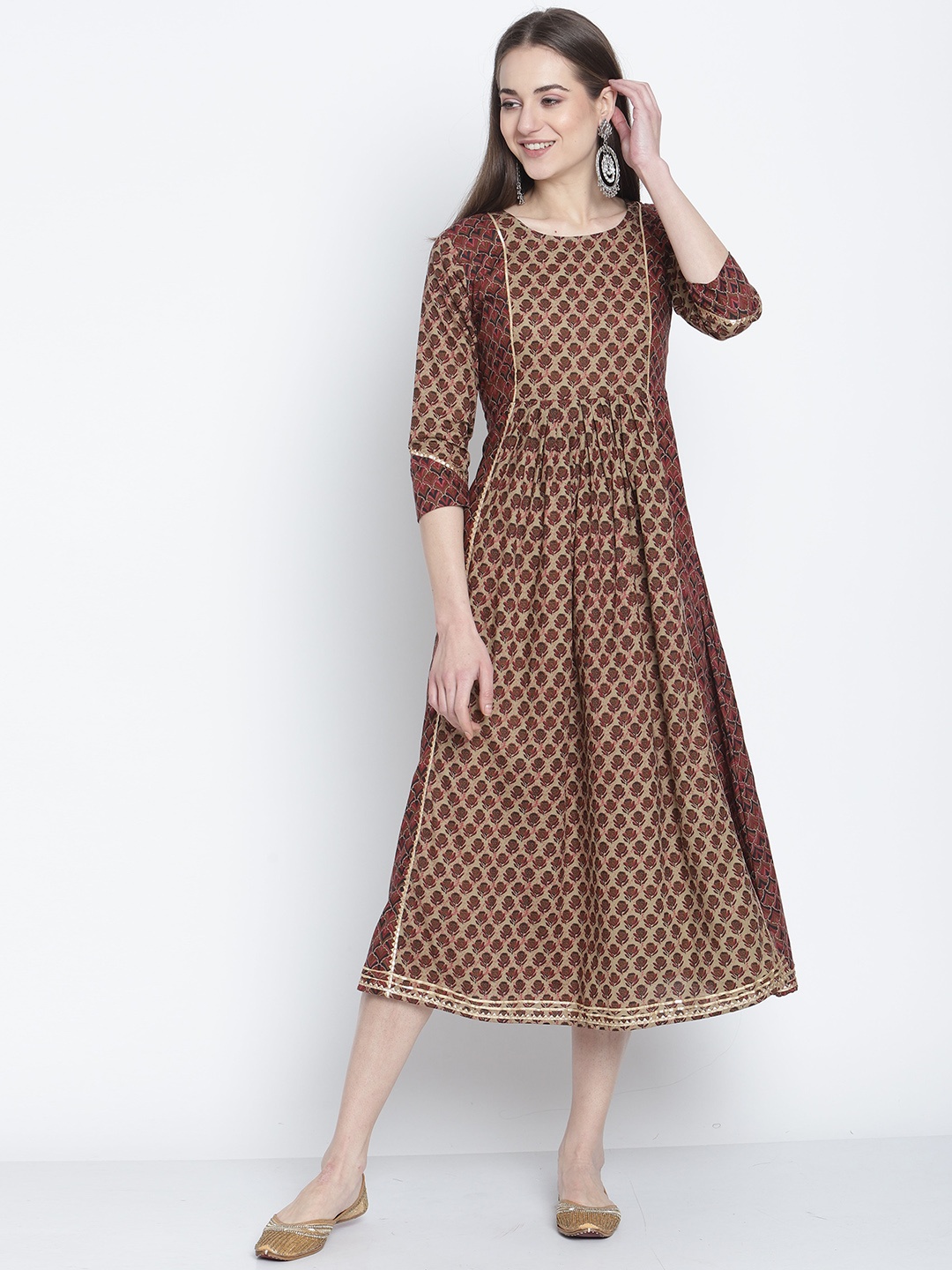 Rajnandini Brown & Beige Ethnic Motifs Printed Ethnic Midi Dress