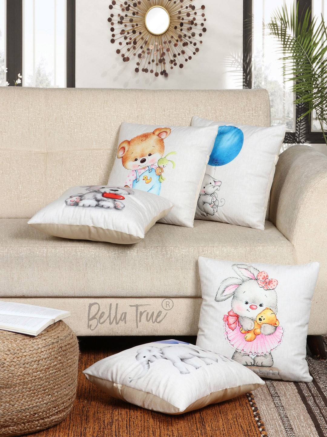 

BELLA TRUE Pack Of 5 White Graphic Printed Square Cushion Covers