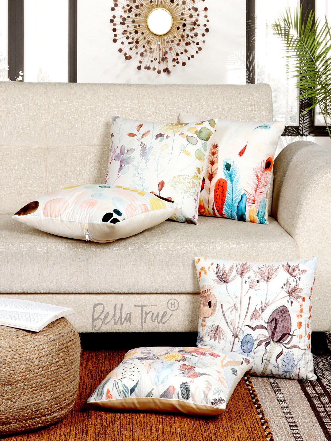 

BELLA TRUE Multicoloured Set of 5 Floral Velvet Square Cushion Covers, Multi