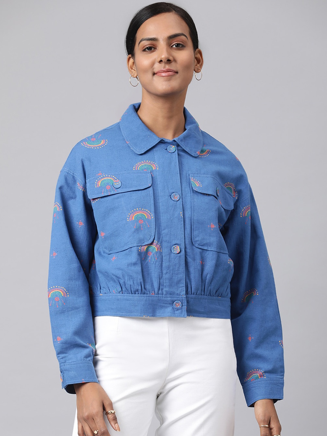 

Fabindia Women Blue Printed Crop Cotton Linen Denim Jacket