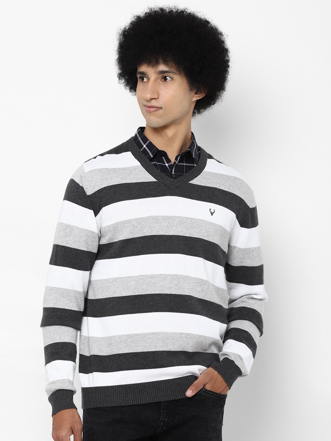 

Allen Solly Men Grey & White Striped Cotton Pullover