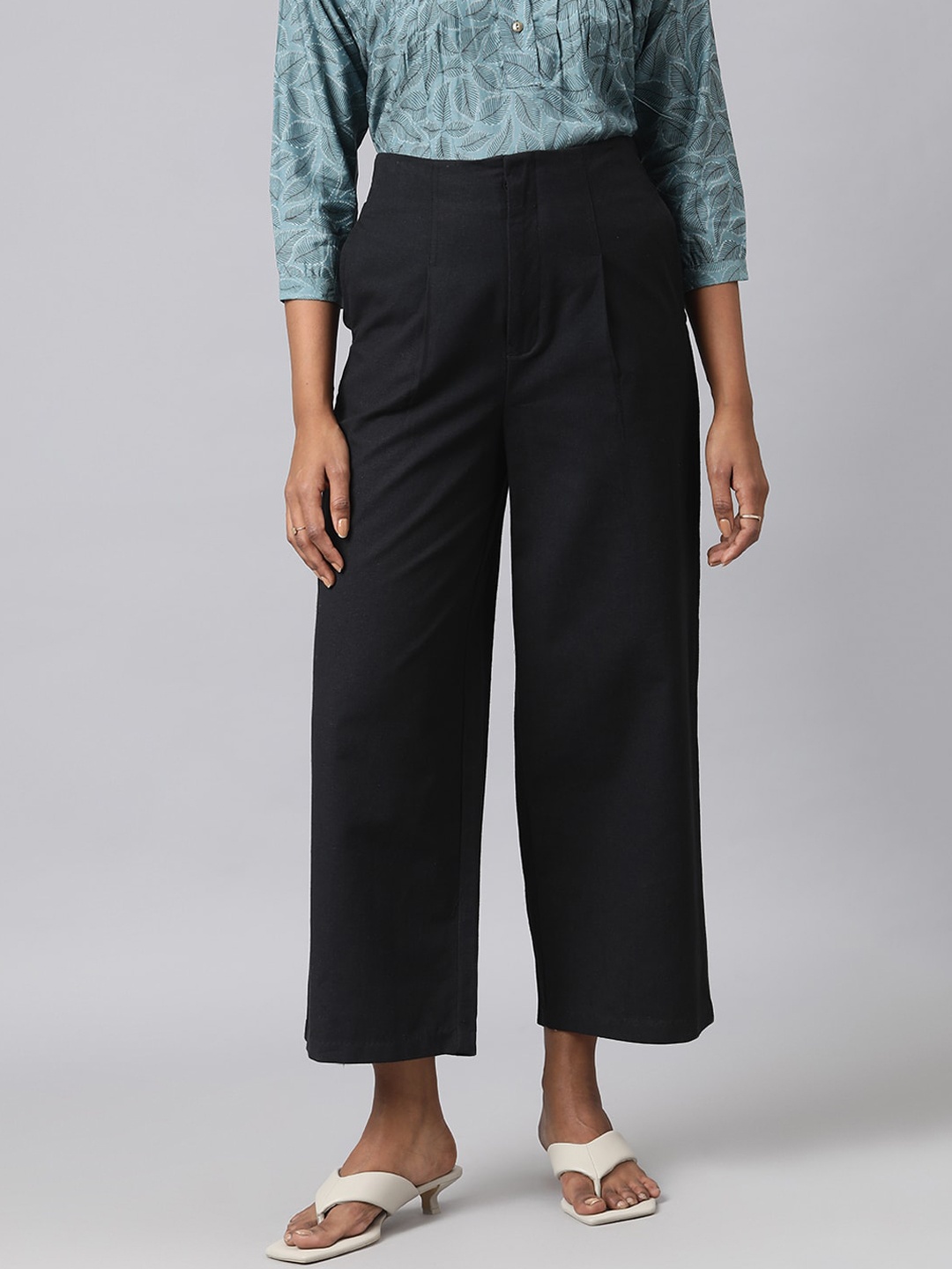 

Fabindia Women Black Slim Fit Pleated Cotton Linen Parallel Trousers