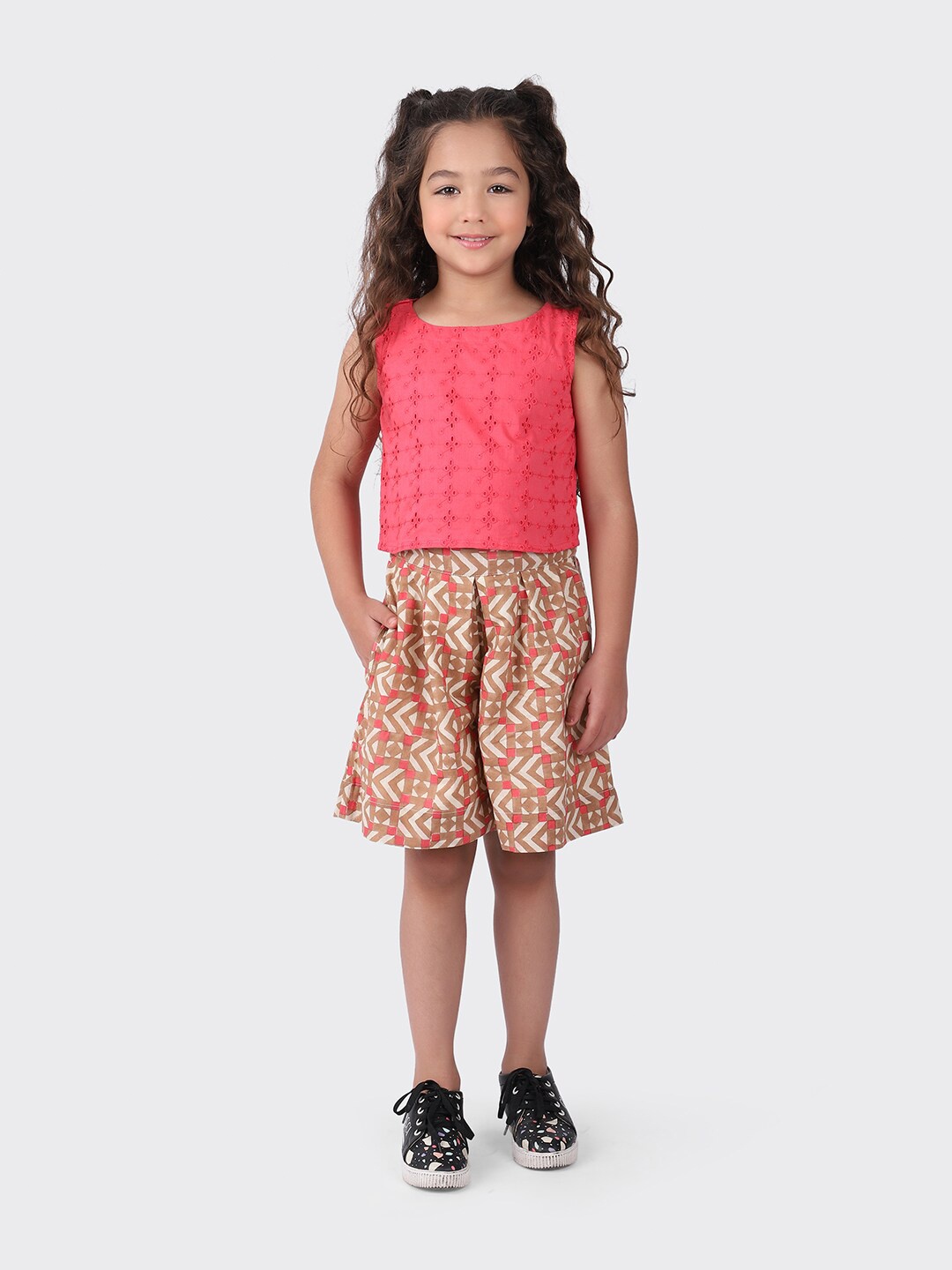 

Fabindia Girls Pink & Orange Pure Cotton Top With Shorts