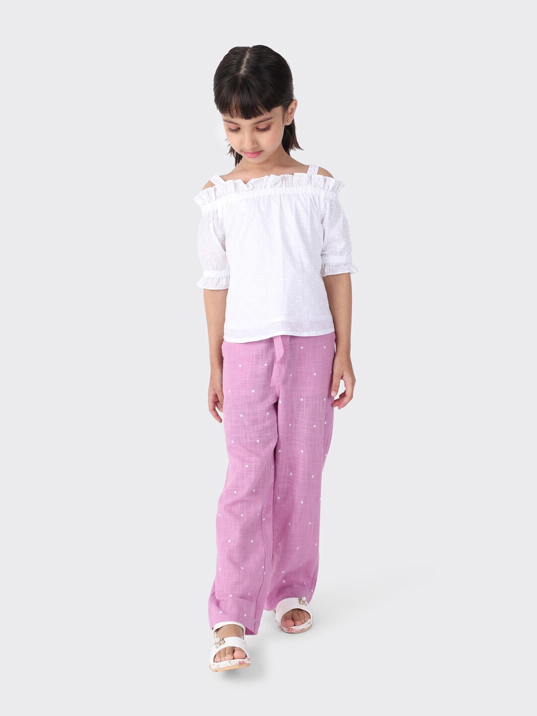 

Fabindia Girls White & Lavender Printed Pure Cotton Top with Trousers