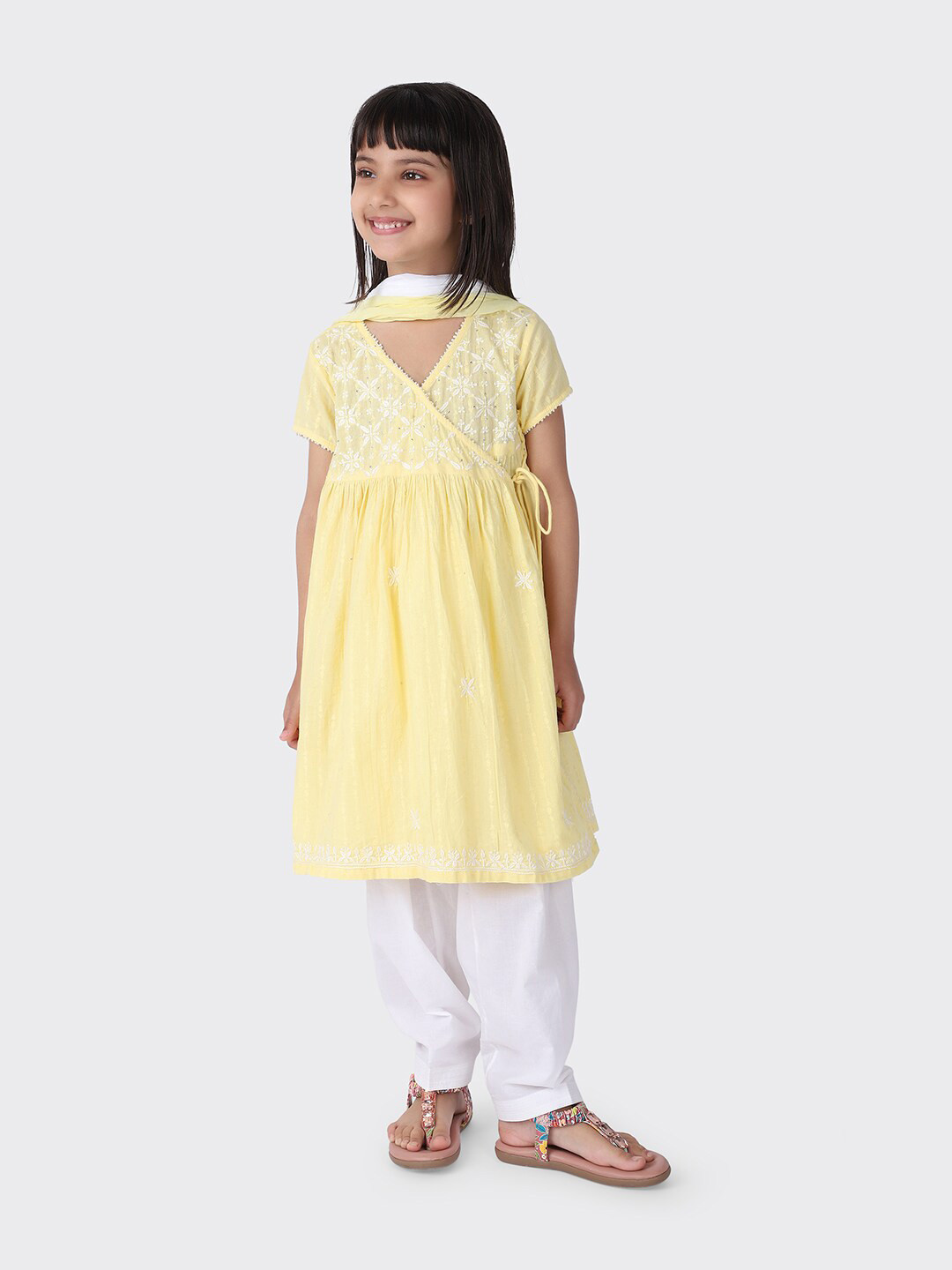 

Fabindia Girls Yellow & White Embroidered Angrakha Pure Cotton Kurta with Salwar & Dupatta
